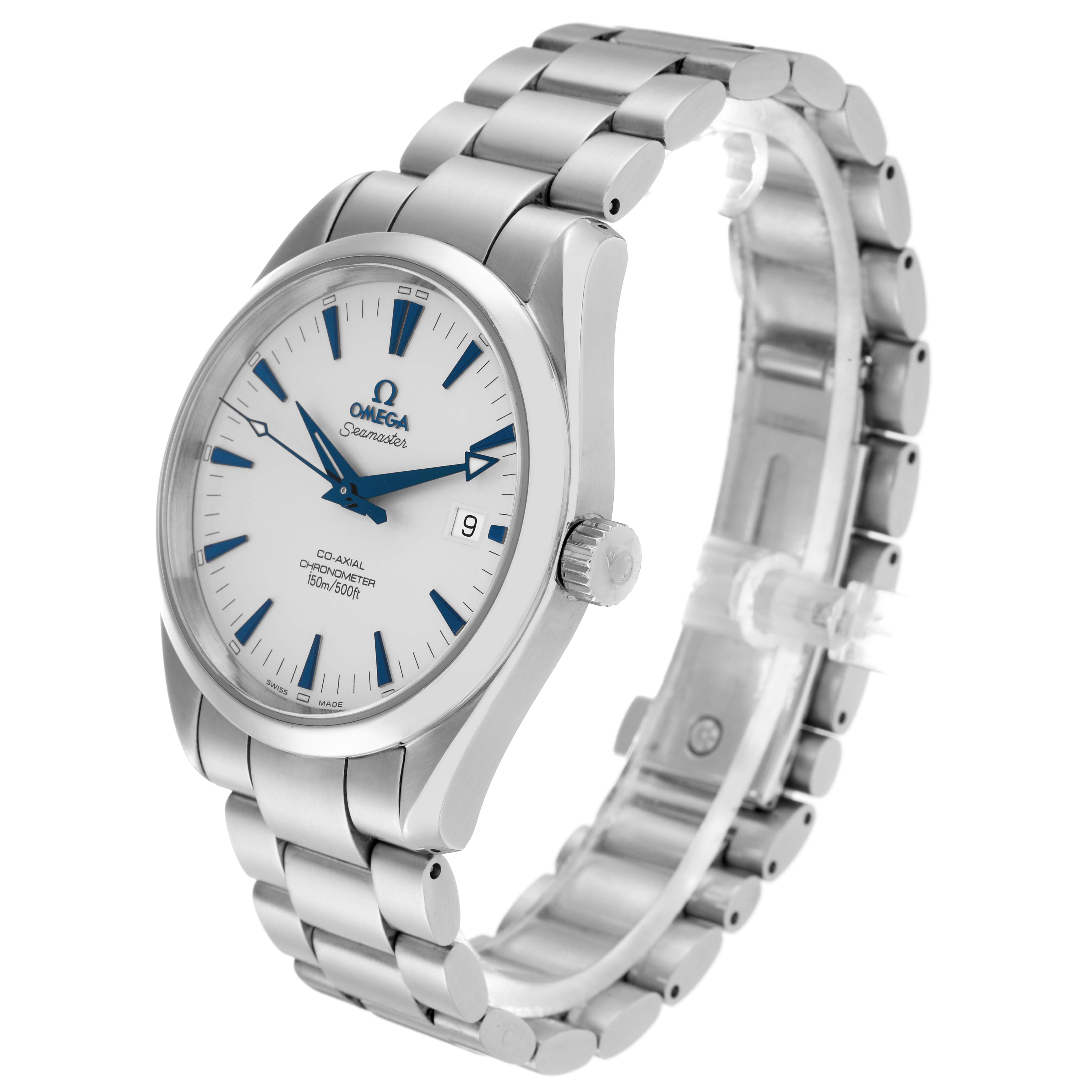 The Omega Aqua Terra 2503.33.00 Men
s Stainless Steel Silver Dial watch is shown at a three-quarter angle, displaying the face, crown, and metal bracelet.