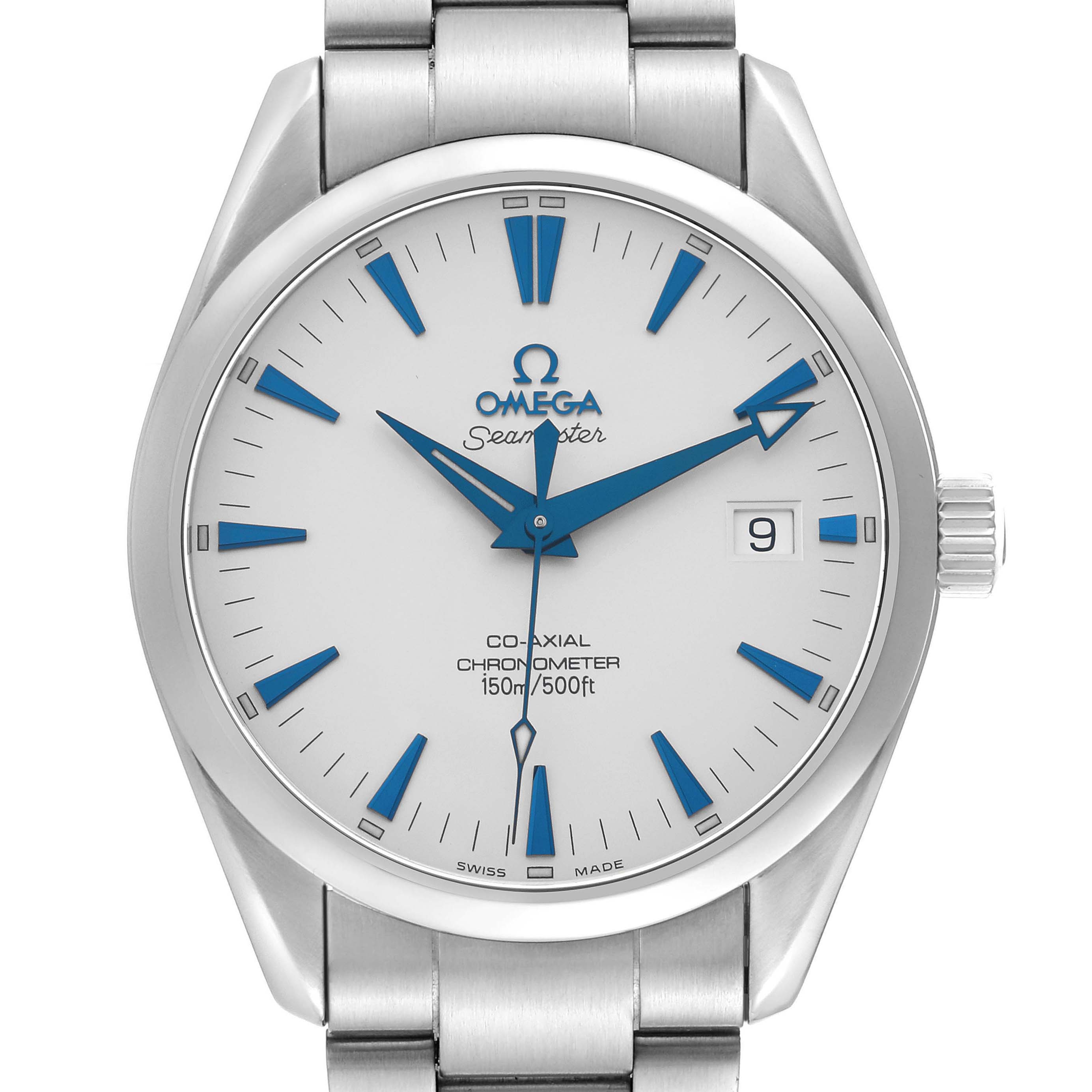 The Omega Aqua Terra 2503.33.00 Men
s Stainless Steel Silver Dial watch is shown from a front angle, displaying its face, hands, crown, and part of the bracelet.