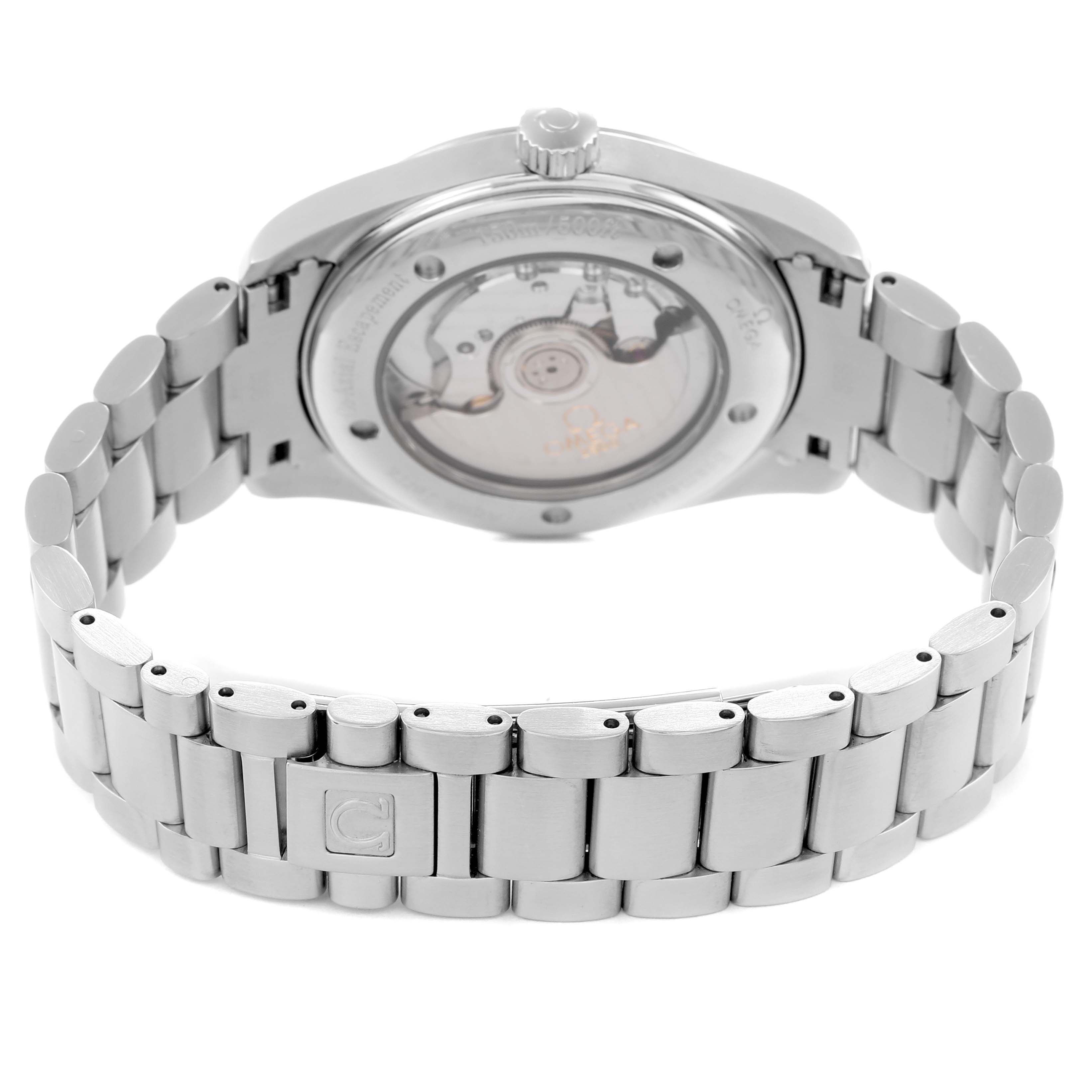 The image shows the Omega Aqua Terra 2503.33.00 Men
s Stainless Steel Silver Dial watch from the back, highlighting the case back and stainless steel bracelet.