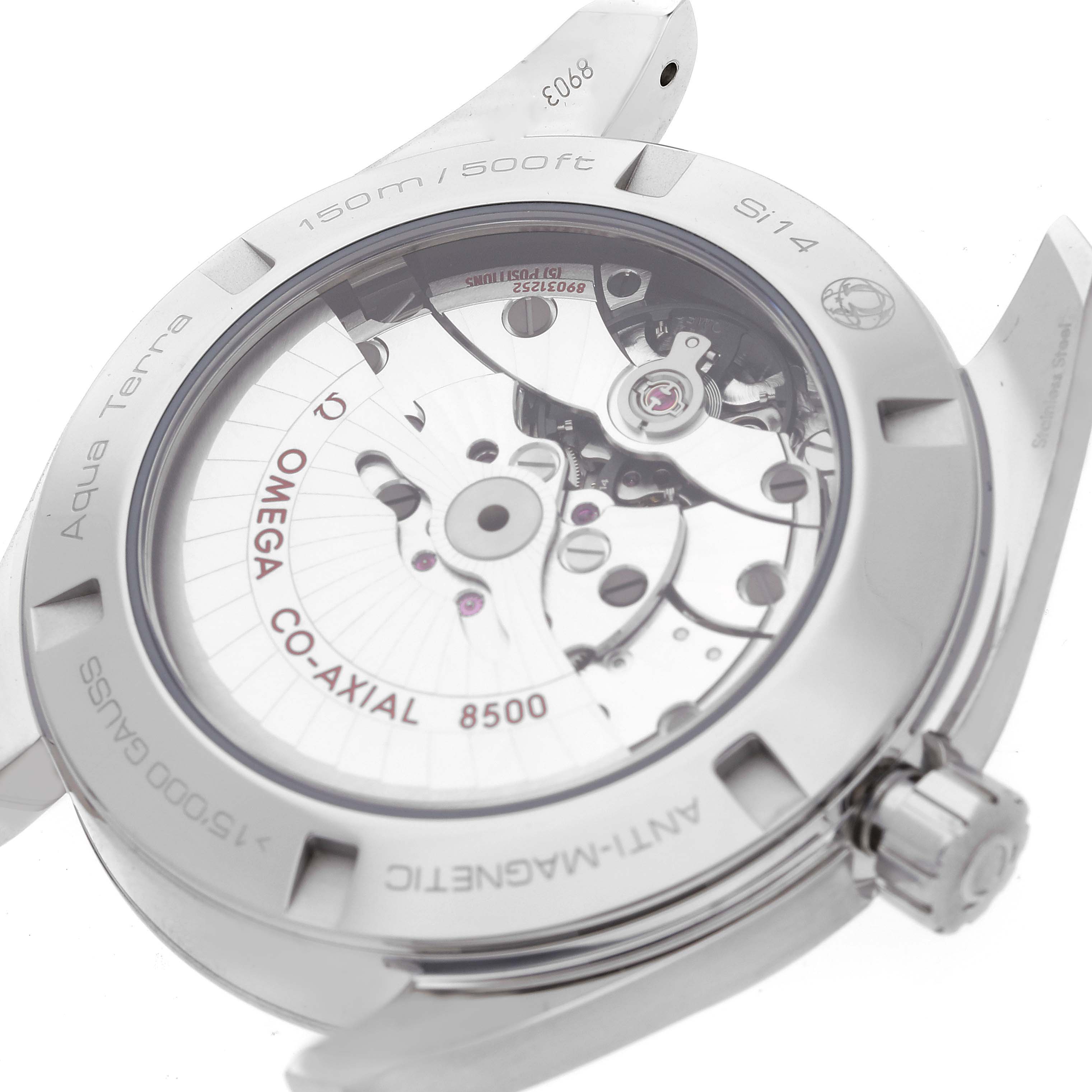 The image shows the back of the Omega Aqua Terra 231.10.42.21.02.003 Men
s Stainless Steel Silver Dial 231.10.42.21.02.003 Men
s Stainless Steel Silver Dial watch, revealing its co-axial 8500 movement.