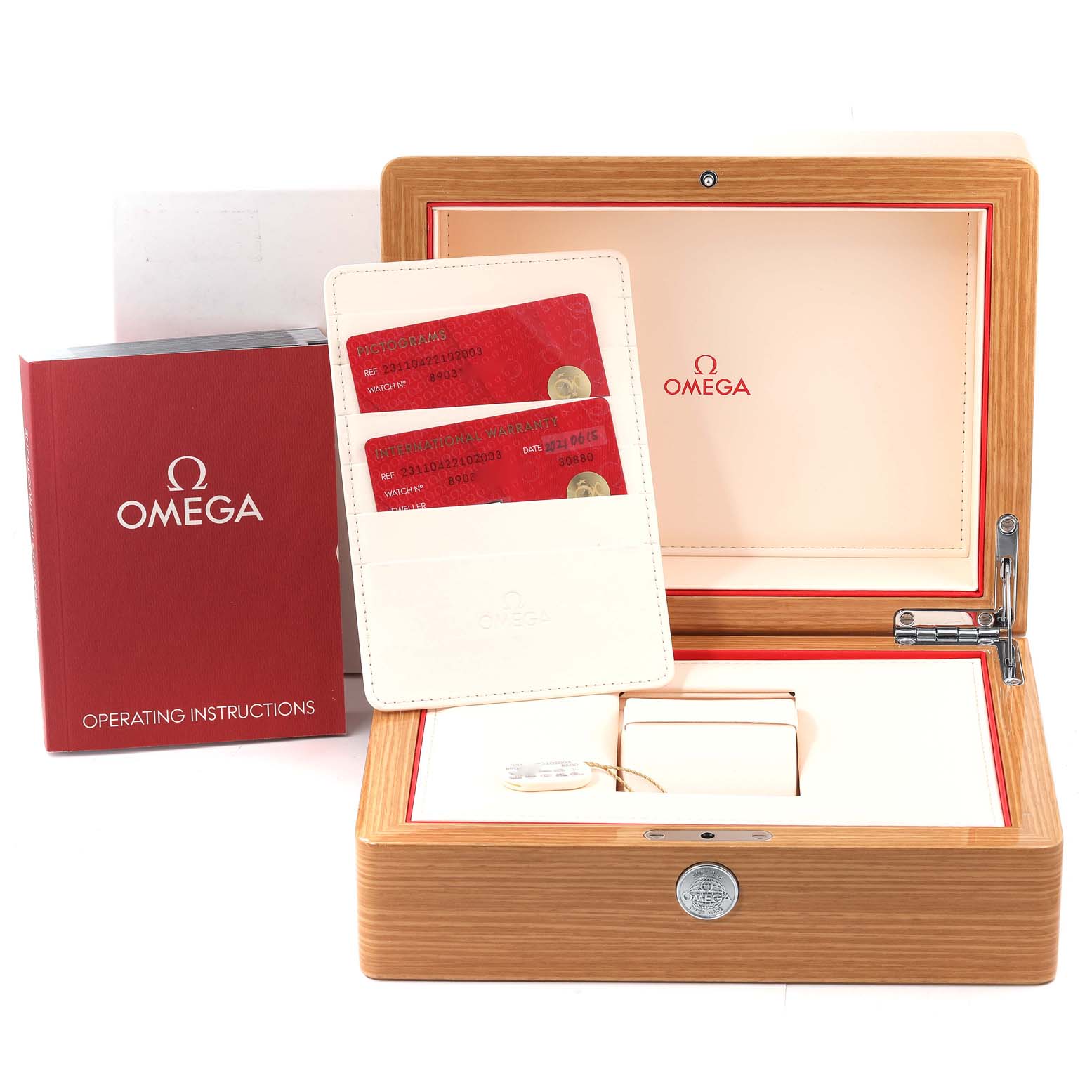 The image shows the packaging, operating instructions, and certification cards for the Omega Aqua Terra 231.10.42.21.02.003 Men
s Stainless Steel Silver Dial 231.10.42.21.02.003 Men
s Stainless Steel Silver Dial watch.