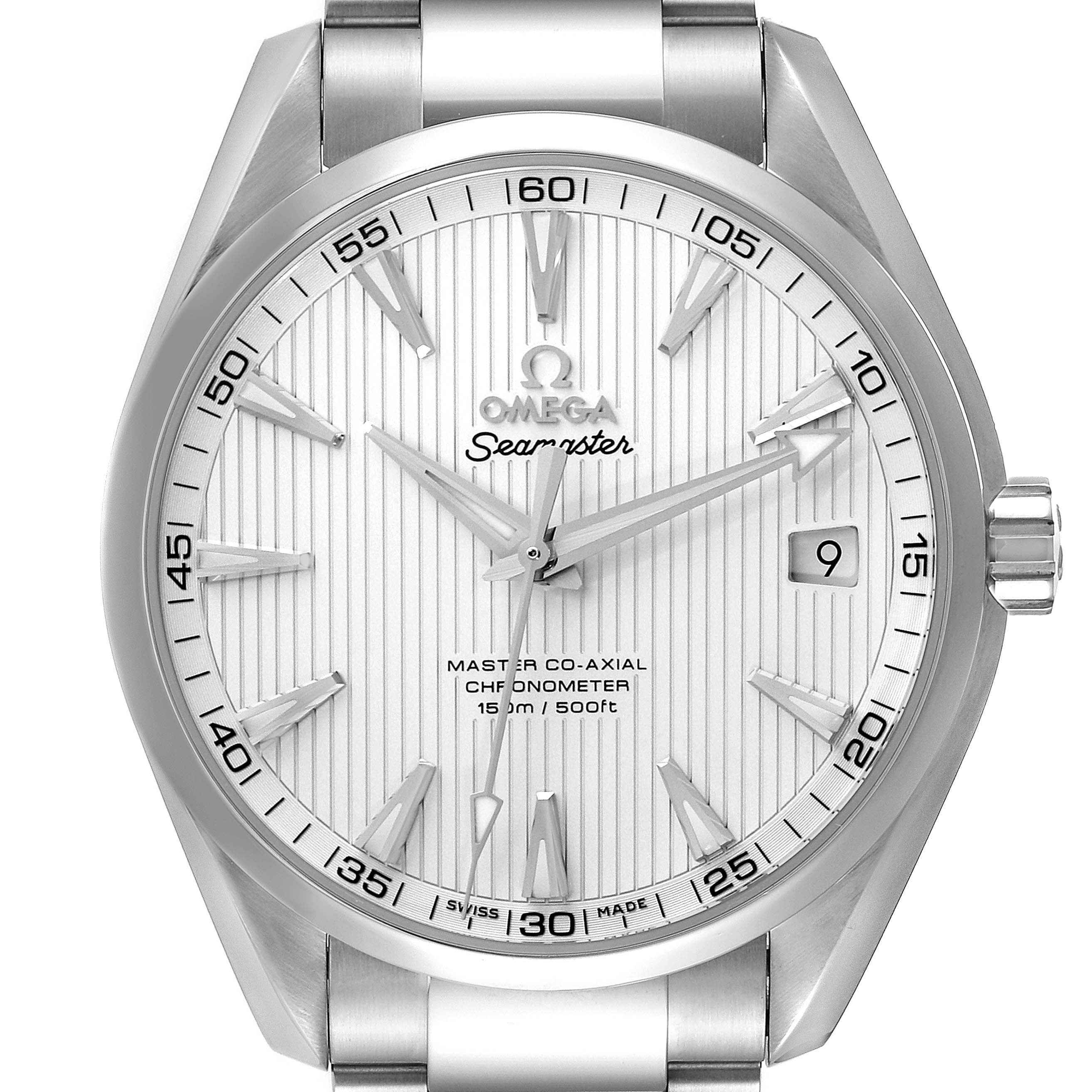 The image shows a frontal view of the Omega Aqua Terra 231.10.42.21.02.003 Men
s Stainless Steel Silver Dial 231.10.42.21.02.003 Men
s Stainless Steel Silver Dial model watch face and part of the bracelet.