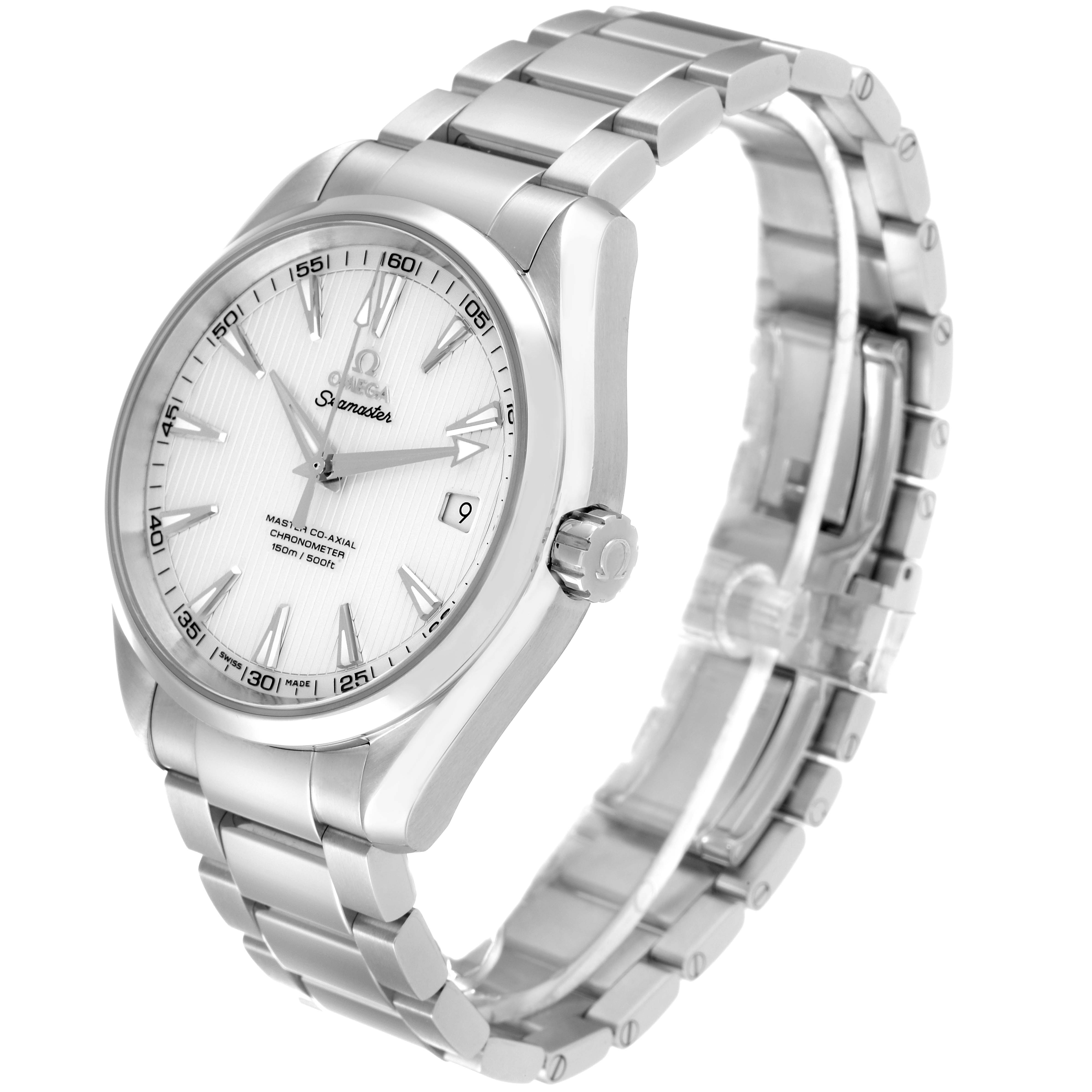 The image shows an angled view of the Omega Aqua Terra 231.10.42.21.02.003 Men
s Stainless Steel Silver Dial 231.10.42.21.02.003 Men
s Stainless Steel Silver Dial watch, highlighting the face, bezel, and bracelet.