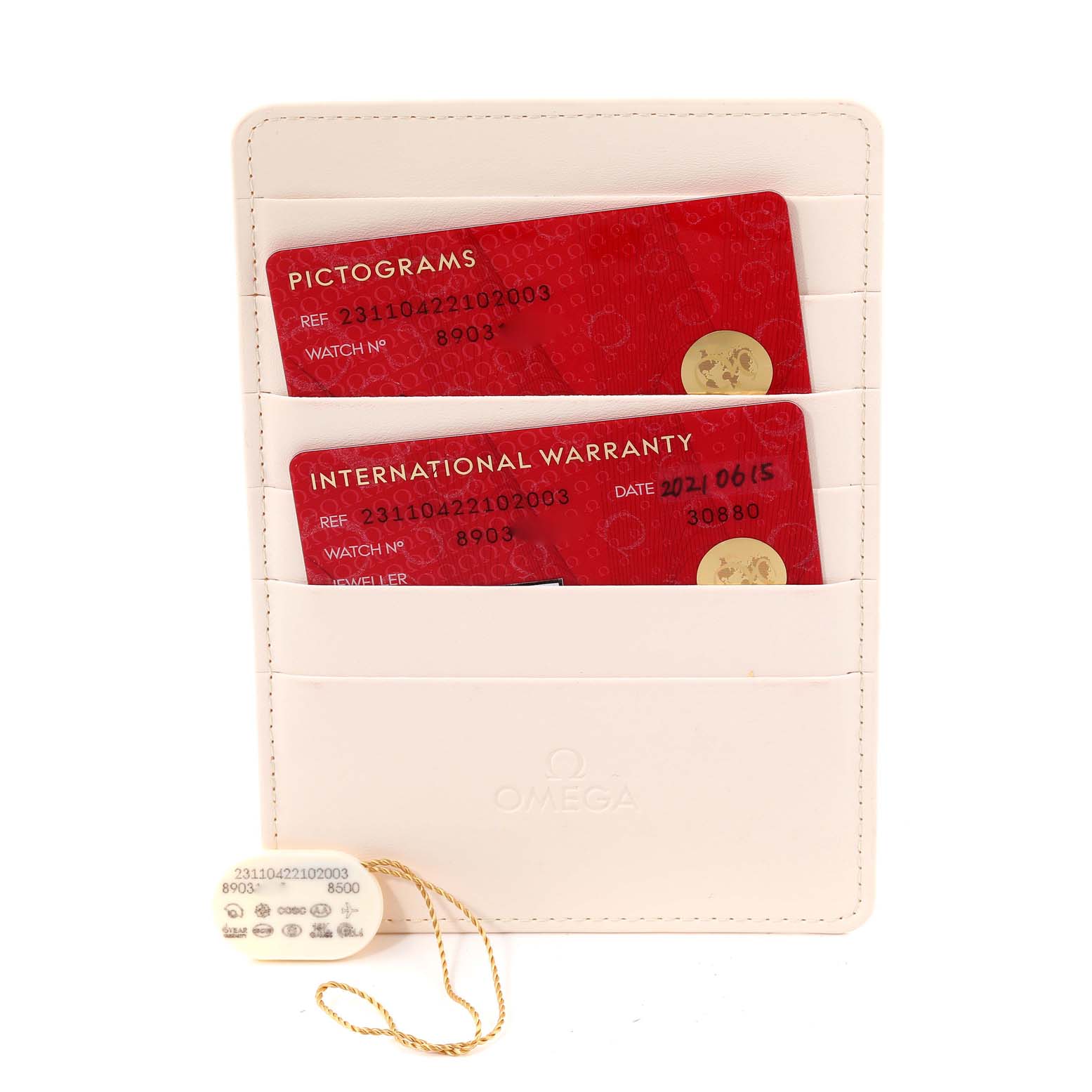 The image shows warranty cards and a tag for the Omega Aqua Terra 231.10.42.21.02.003 Men
s Stainless Steel Silver Dial 231.10.42.21.02.003 Men
s Stainless Steel Silver Dial model watch, placed inside a holder.