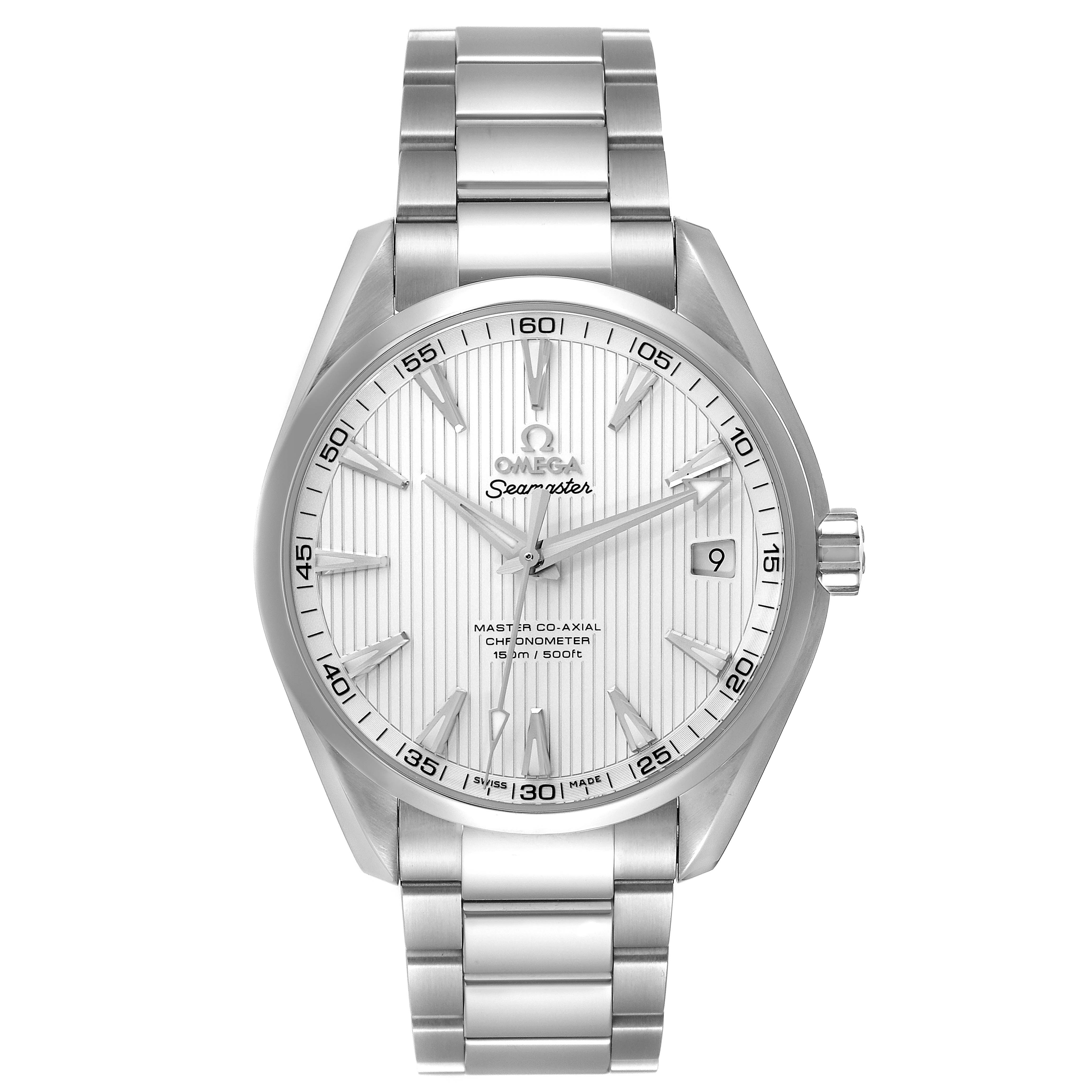 The image shows a frontal view of the Omega Seamaster Aqua Terra watch, displaying the bracelet, face, and dial.