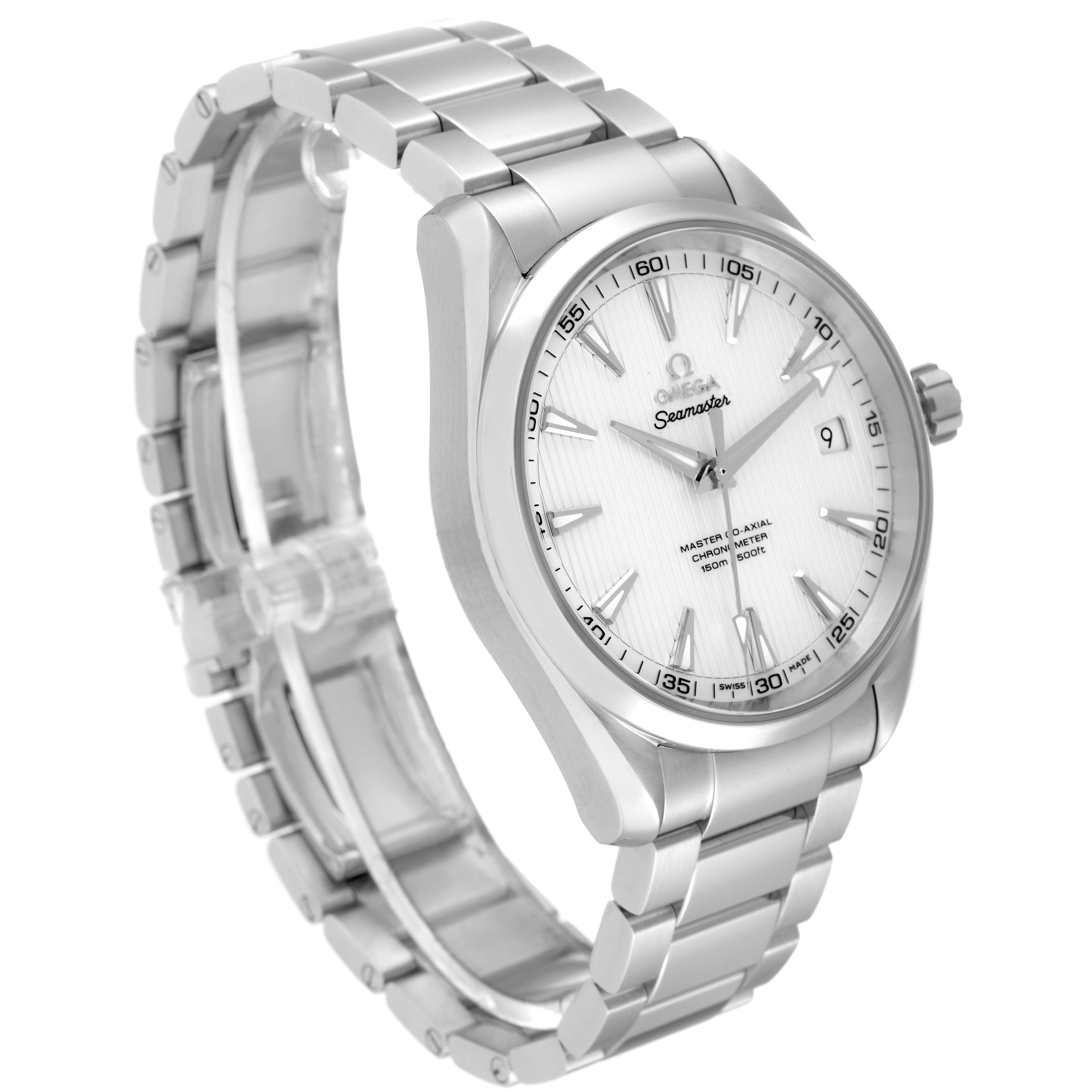 The Omega Aqua Terra 231.10.42.21.02.003 Men
s Stainless Steel Silver Dial 231.10.42.21.02.003 Men
s Stainless Steel Silver Dial watch is shown at an angled side view, highlighting the face, bezel, and metal bracelet.