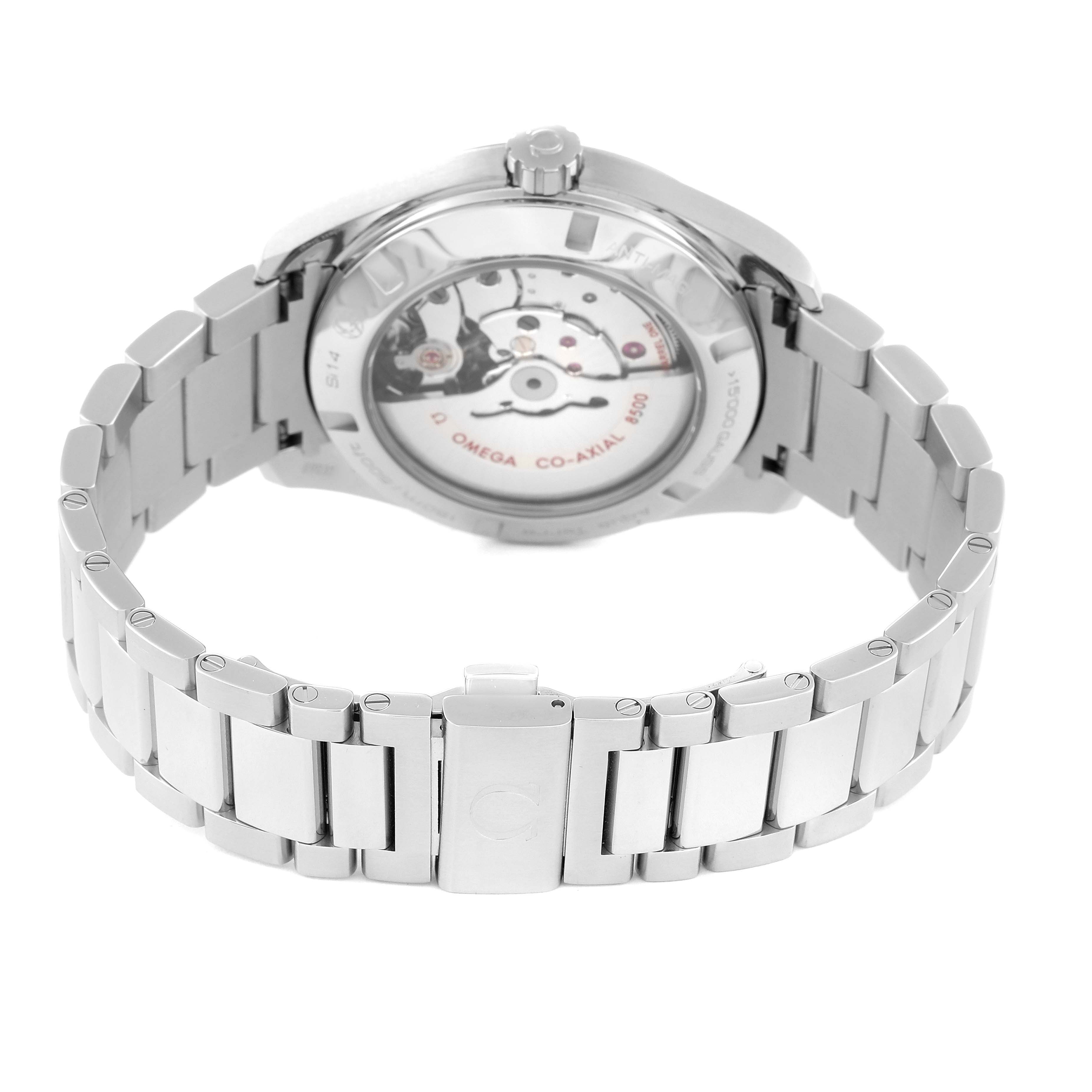 The image shows the back view of the Omega Aqua Terra 231.10.42.21.02.003 Men
s Stainless Steel Silver Dial 231.10.42.21.02.003 Men
s Stainless Steel Silver Dial watch, highlighting its movement and metal bracelet.