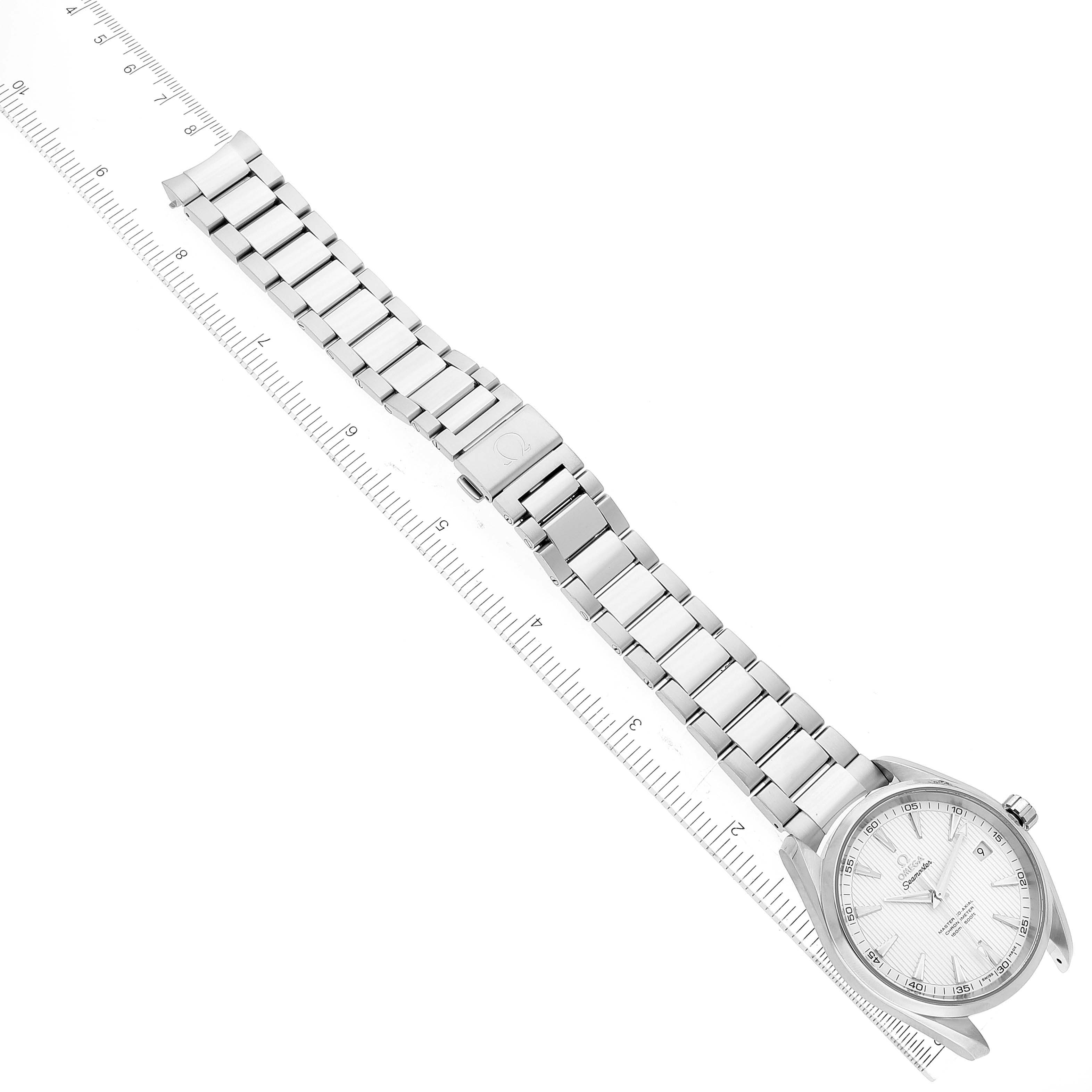 The image shows a top-down view of an Omega Aqua Terra 231.10.42.21.02.003 Men
s Stainless Steel Silver Dial 231.10.42.21.02.003 Men
s Stainless Steel Silver Dial watch, featuring the face, metal strap, and clasp.