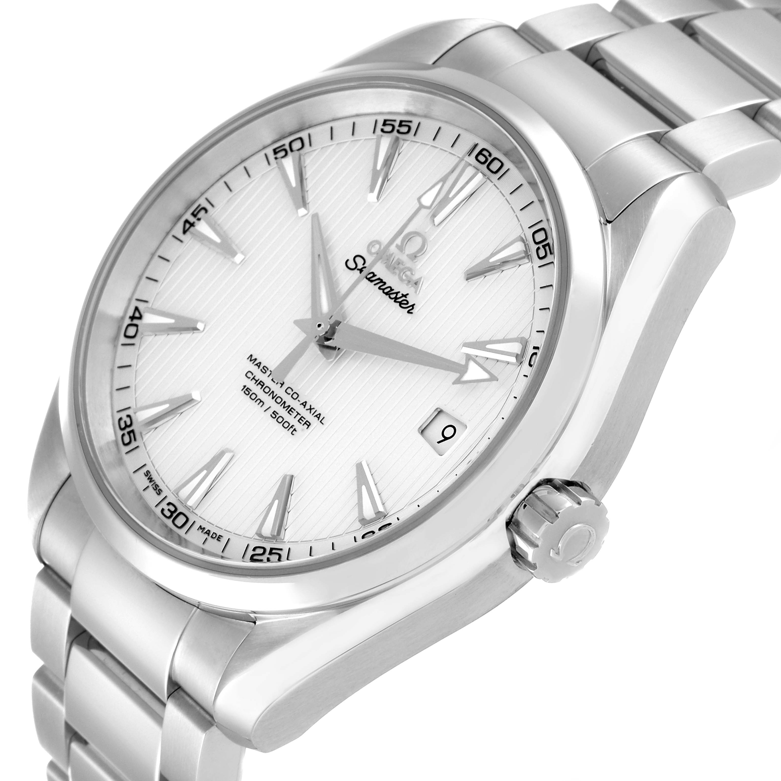 The Omega Aqua Terra 231.10.42.21.02.003 Men
s Stainless Steel Silver Dial 231.10.42.21.02.003 Men
s Stainless Steel Silver Dial watch is shown at a slight angle, displaying its face, bezel, case, and part of its metal bracelet.