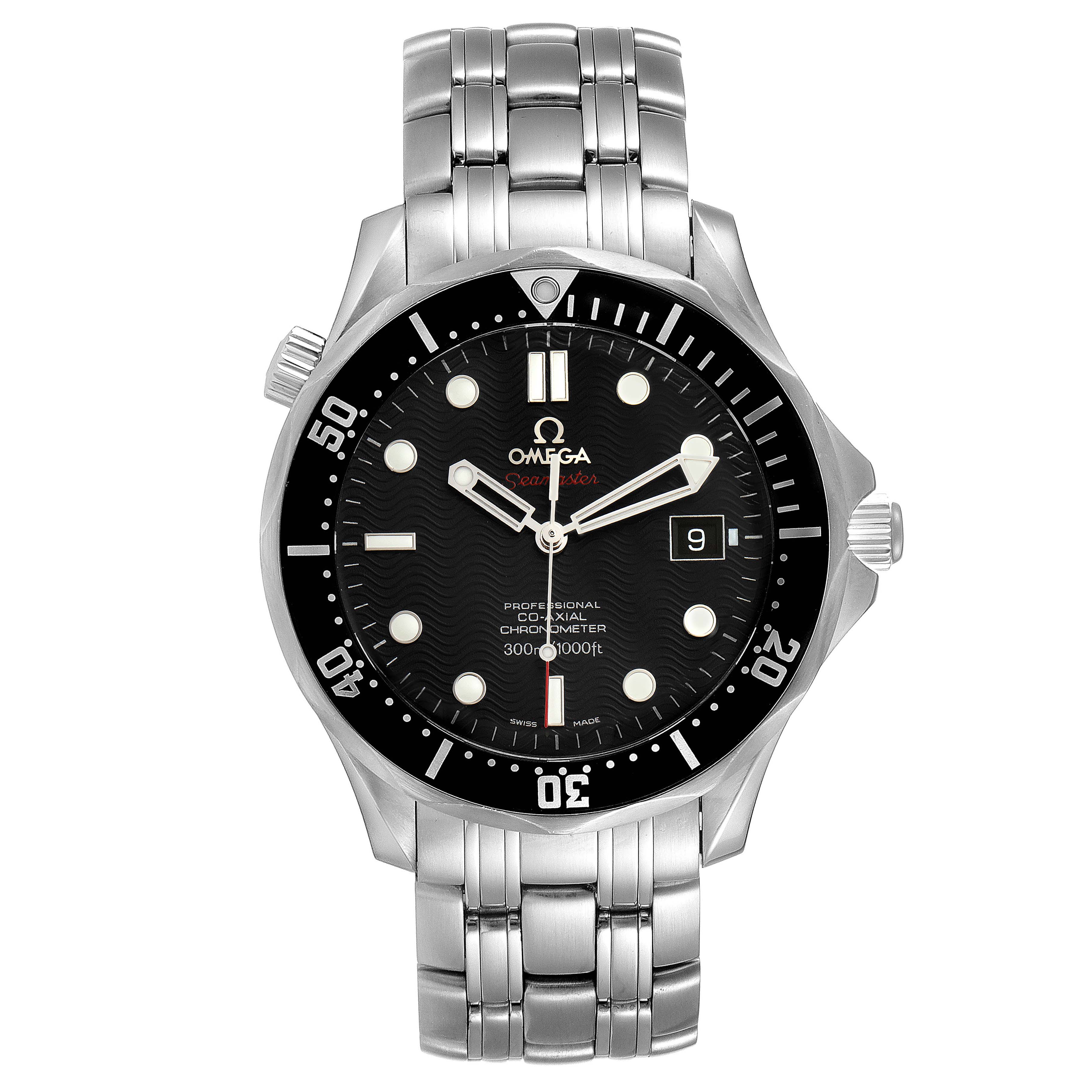 The Omega Seamaster 212.30.41.20.01.002 Men's Stainless Steel Black Dial 212.30.41.20.01.002 Men's Stainless Steel Black Dial watch is shown from the front, displaying the face, bezel, bracelet, and crown clearly.