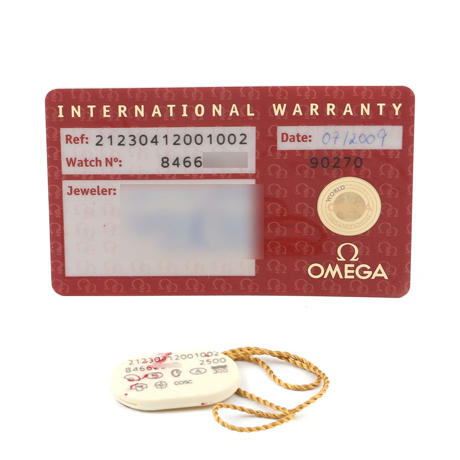 The image shows an International Warranty card and a hang tag for the Omega Seamaster 212.30.41.20.01.002 Men's Stainless Steel Black Dial 212.30.41.20.01.002 Men's Stainless Steel Black Dial watch model.