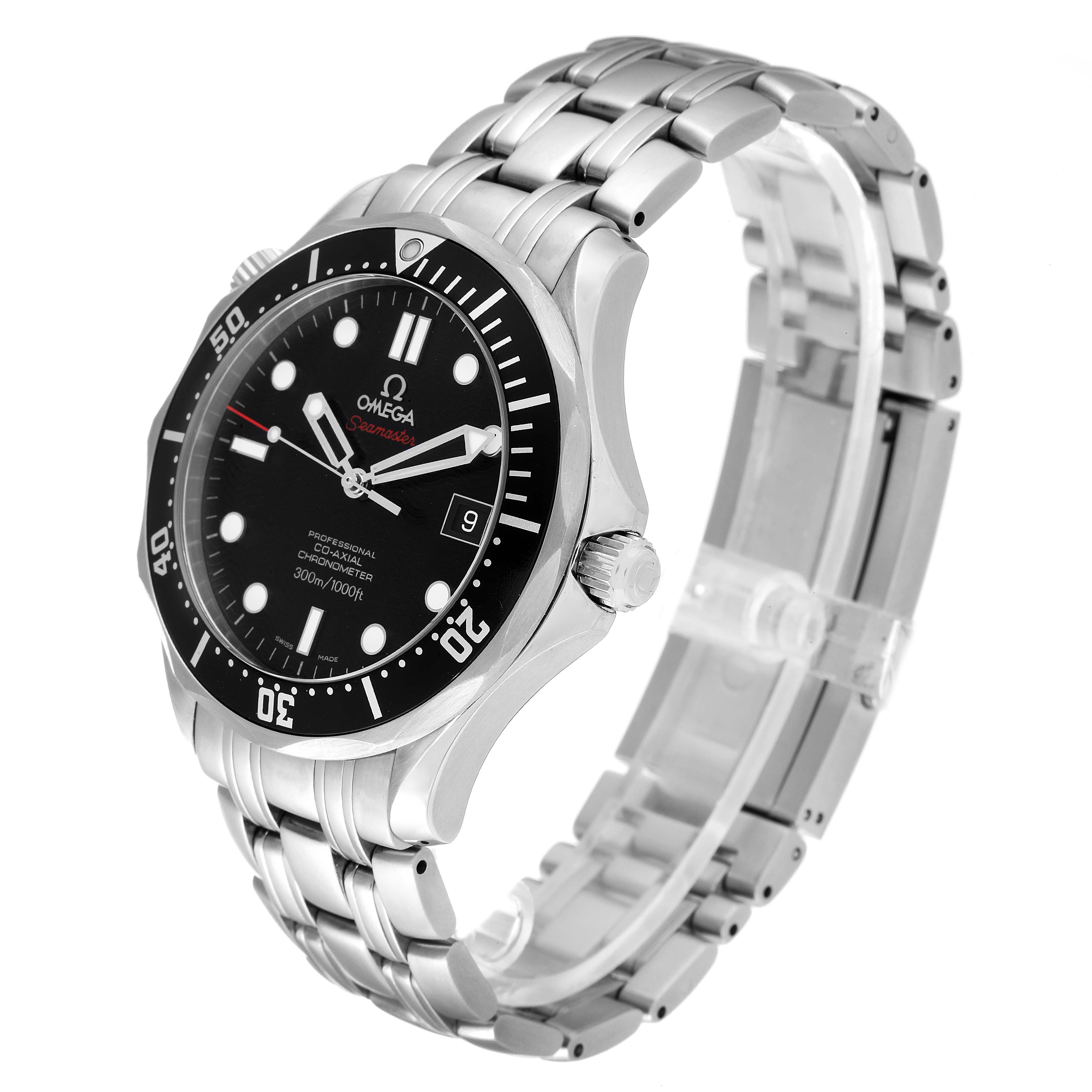 The image shows an Omega Seamaster 212.30.41.20.01.002 Men's Stainless Steel Black Dial 212.30.41.20.01.002 Men's Stainless Steel Black Dial watch angled to display its face, bezel, crown, and stainless steel bracelet.