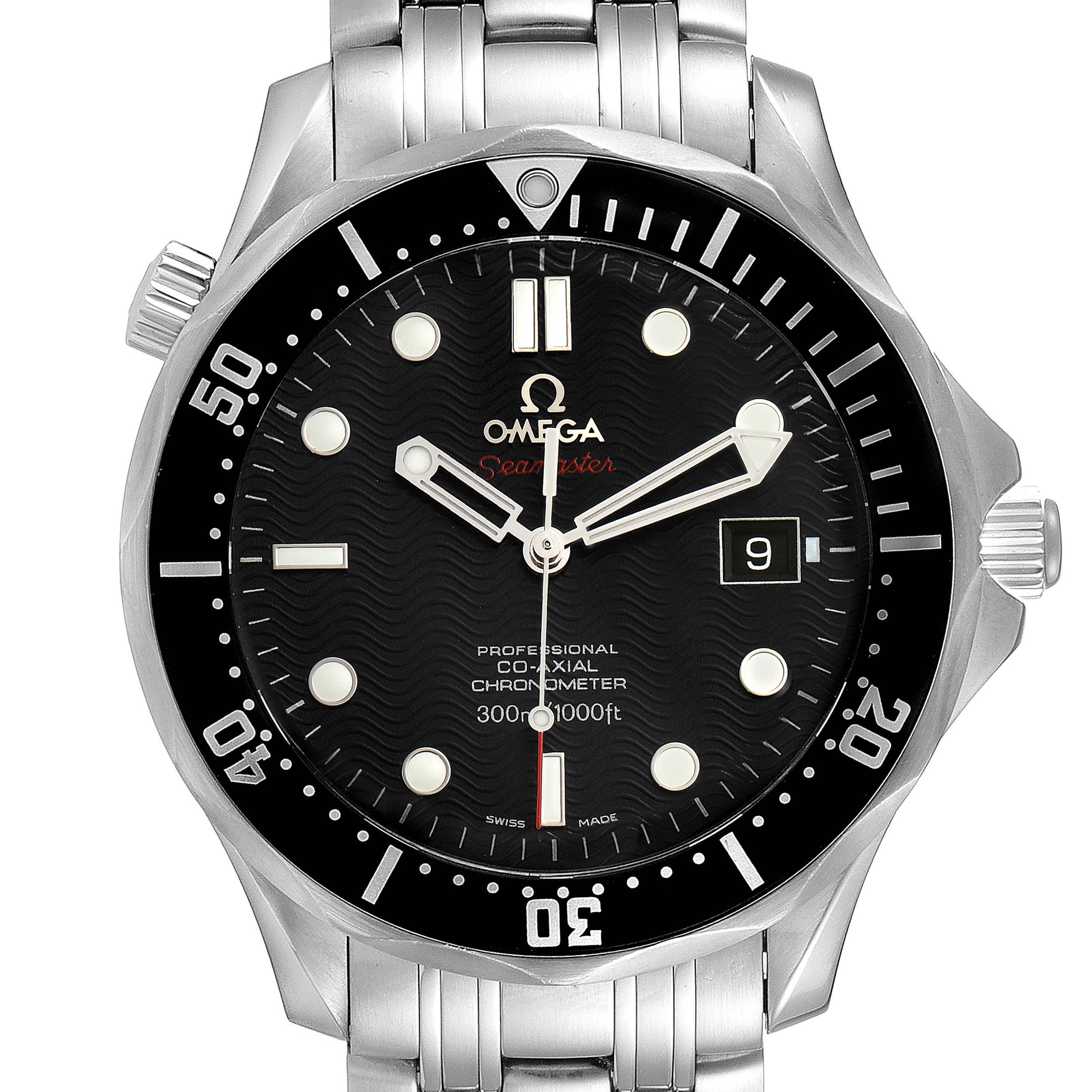 This image shows a front view of the Omega Seamaster 212.30.41.20.01.002 Men's Stainless Steel Black Dial 212.30.41.20.01.002 Men's Stainless Steel Black Dial watch, highlighting the dial, bezel, and part of the bracelet.