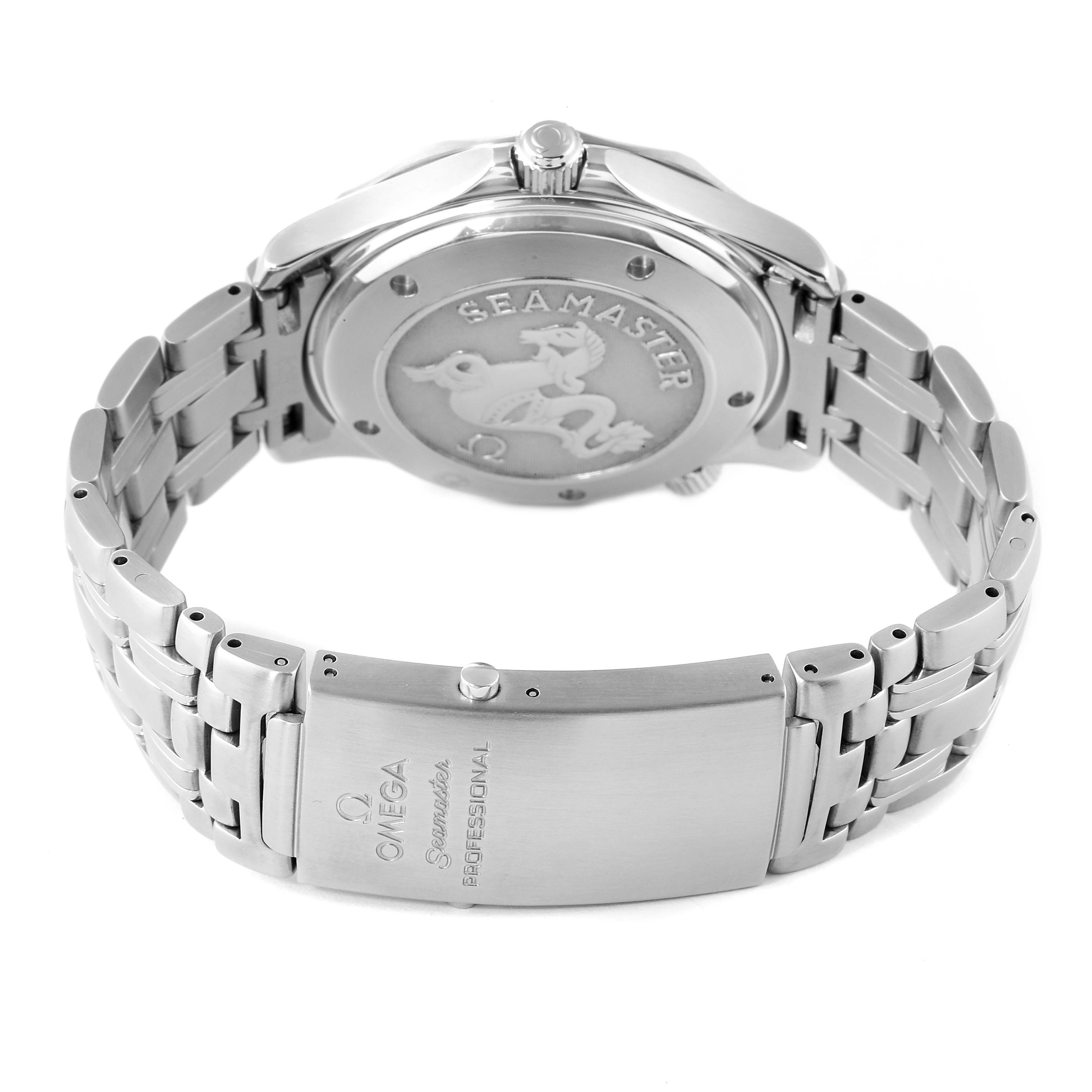 This is a rear view of the Omega Seamaster 212.30.41.20.01.002 Men's Stainless Steel Black Dial 212.30.41.20.01.002 Men's Stainless Steel Black Dial watch, showing the case back, crown, and stainless steel bracelet with clasp.