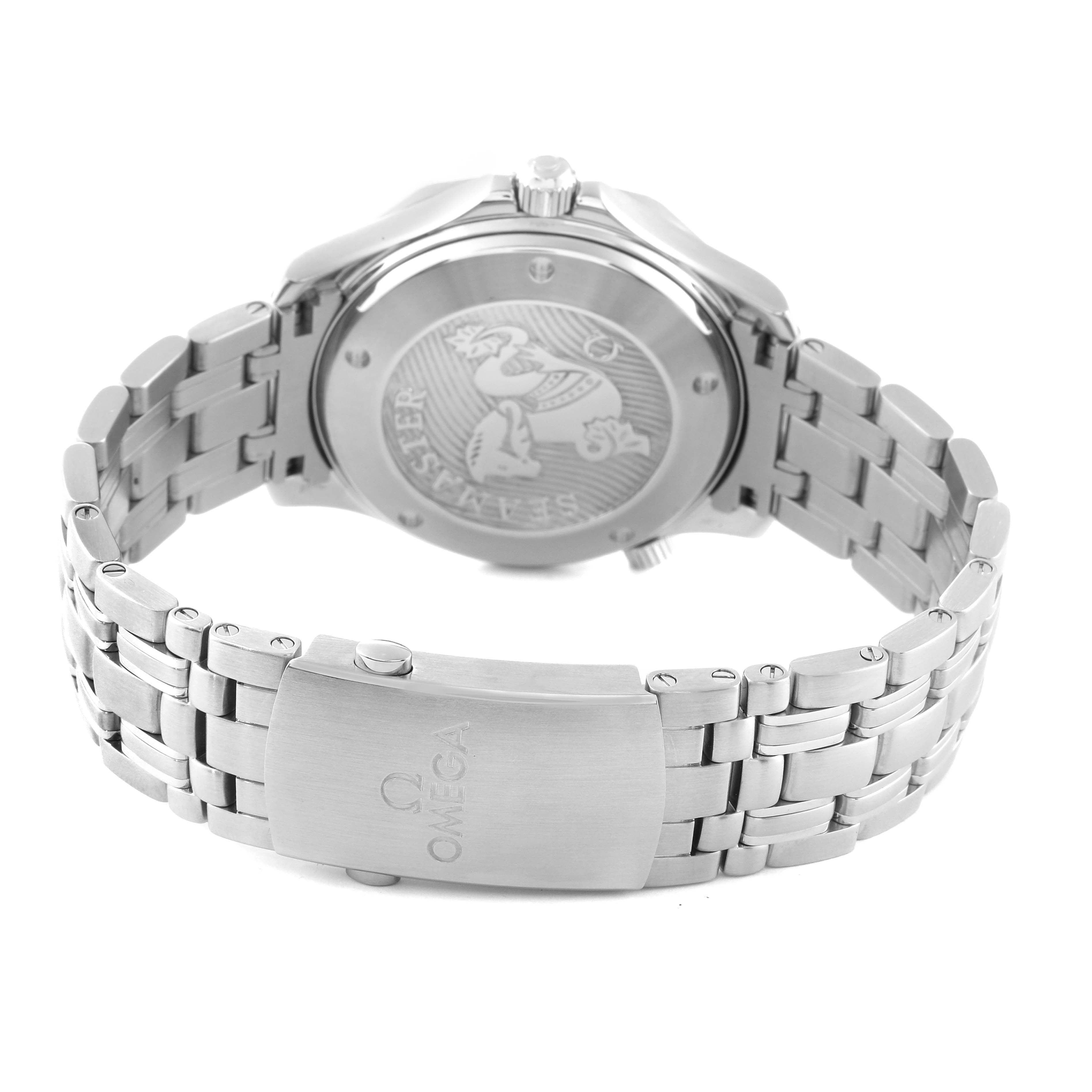 The image shows the back case and stainless steel bracelet of the Omega Seamaster 212.30.41.20.01.003 Men
s Stainless Steel Black Dial 212.30.41.20.01.003 Men
s Stainless Steel Black Dial watch.