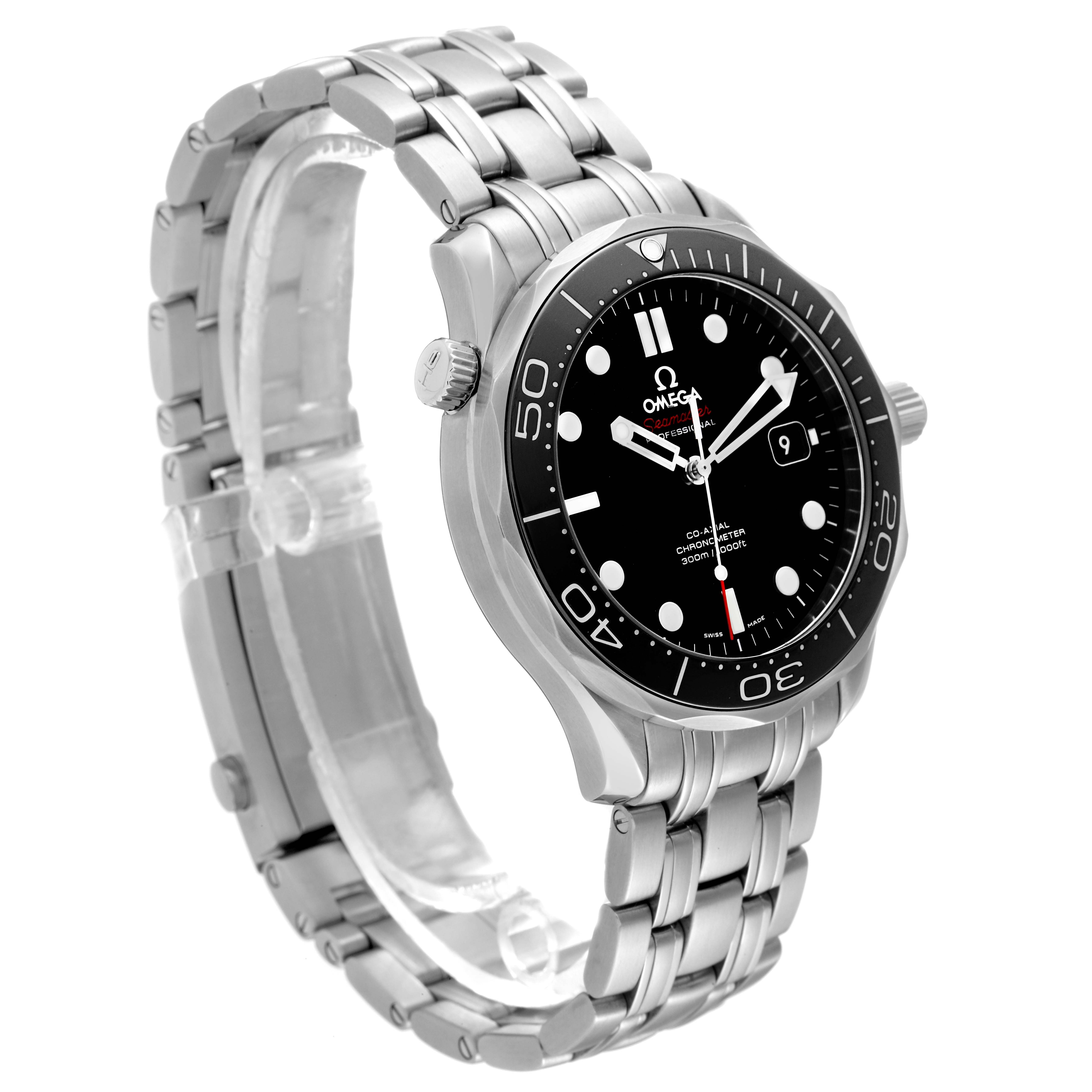 The image shows a side angle of the Omega Seamaster 212.30.41.20.01.003 Men
s Stainless Steel Black Dial 212.30.41.20.01.003 Men
s Stainless Steel Black Dial watch displaying the face, bezel, crown, and stainless steel bracelet.