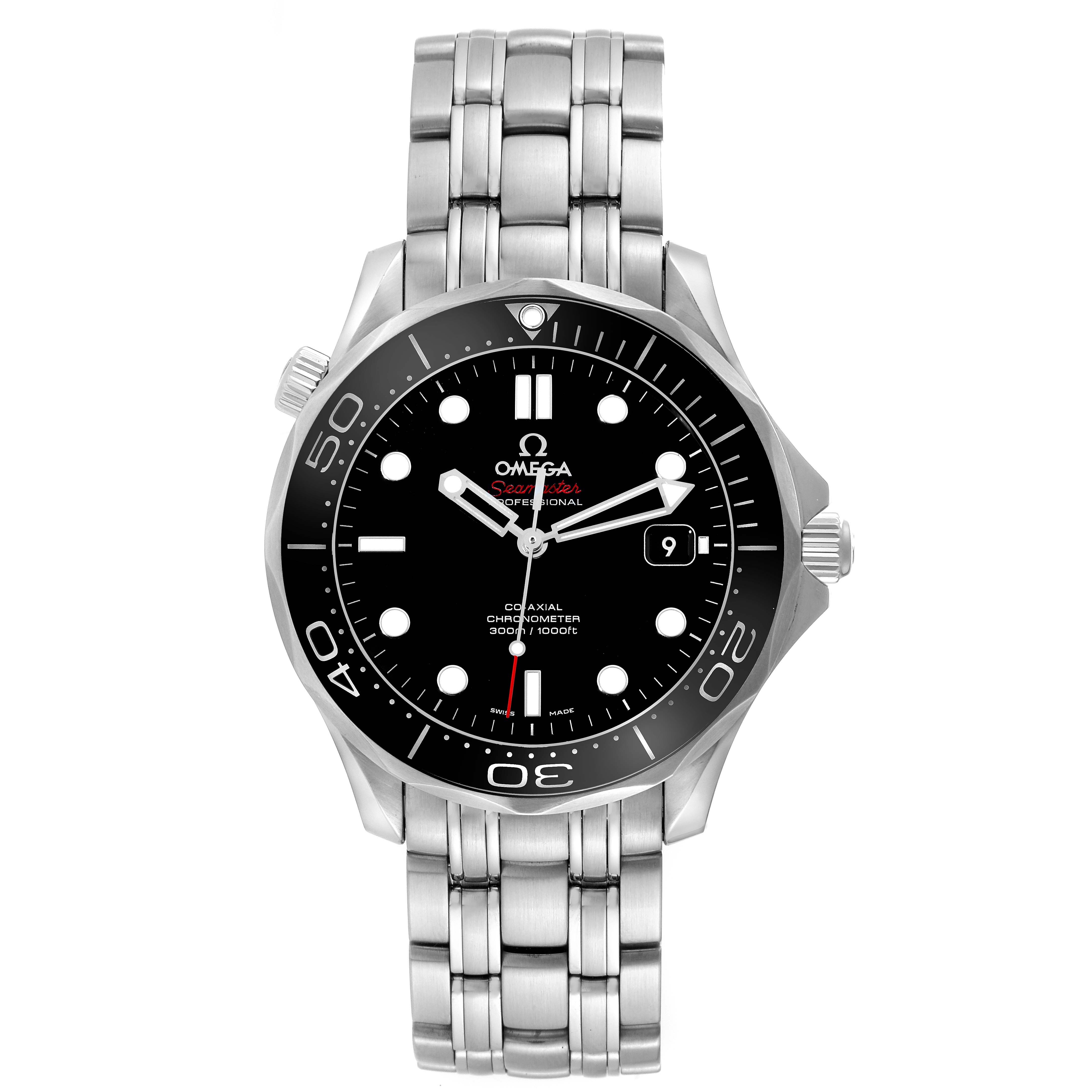 The Omega Seamaster 212.30.41.20.01.003 Men
s Stainless Steel Black Dial 212.30.41.20.01.003 Men
s Stainless Steel Black Dial model is shown from the front, displaying its face, bezel, and bracelet.