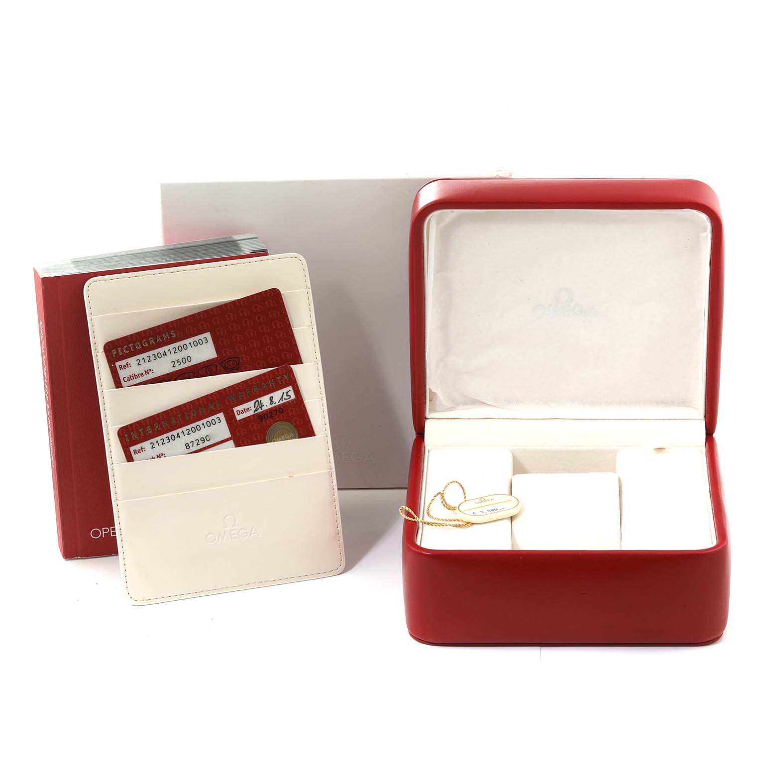 The image shows the box, warranty cards, and accessories for an Omega Seamaster 212.30.41.20.01.003 Men
s Stainless Steel Black Dial 212.30.41.20.01.003 Men
s Stainless Steel Black Dial watch from a front angle.