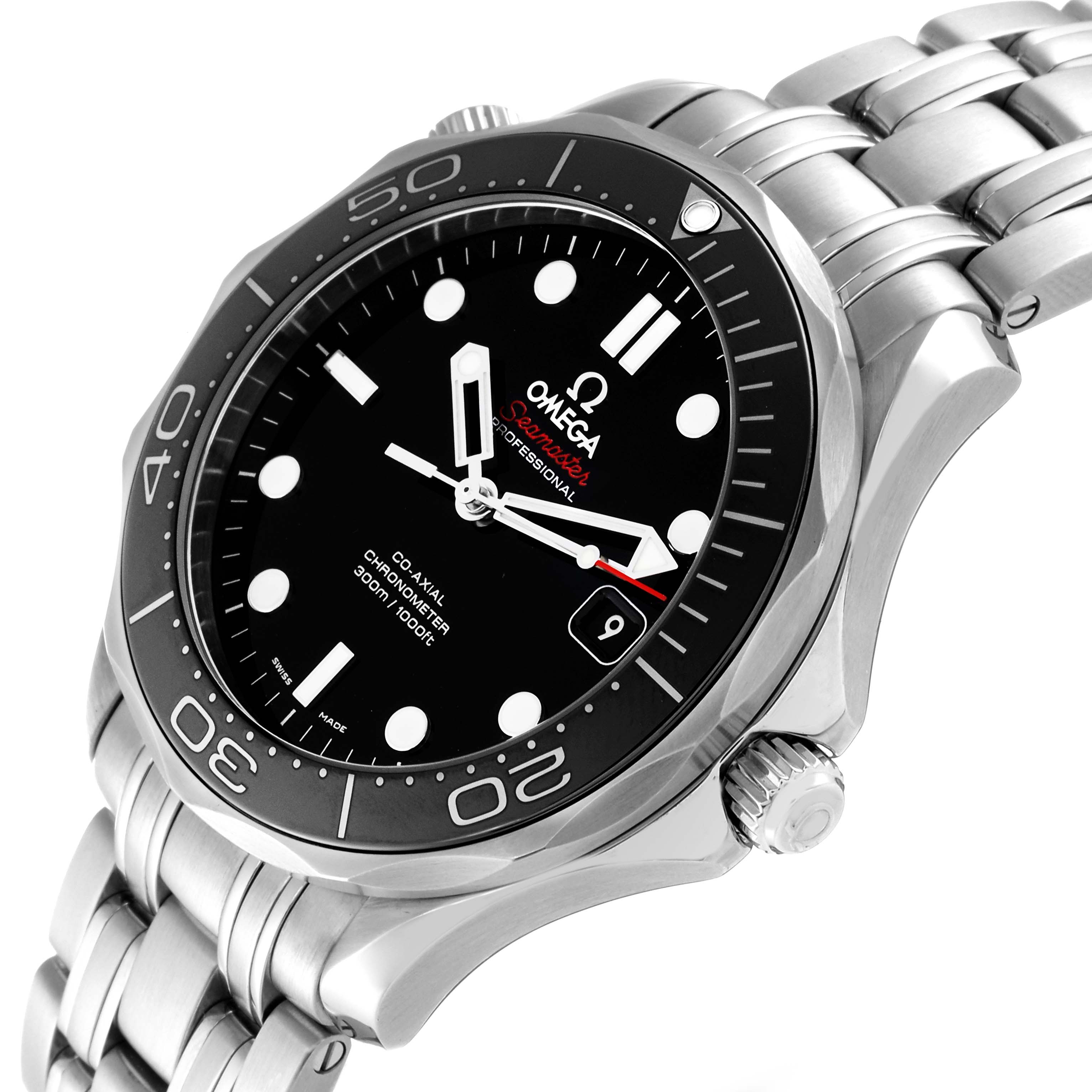 This image shows an Omega Seamaster 212.30.41.20.01.003 Men
s Stainless Steel Black Dial 212.30.41.20.01.003 Men
s Stainless Steel Black Dial watch angled from the top right, highlighting the dial, bezel, and bracelet.