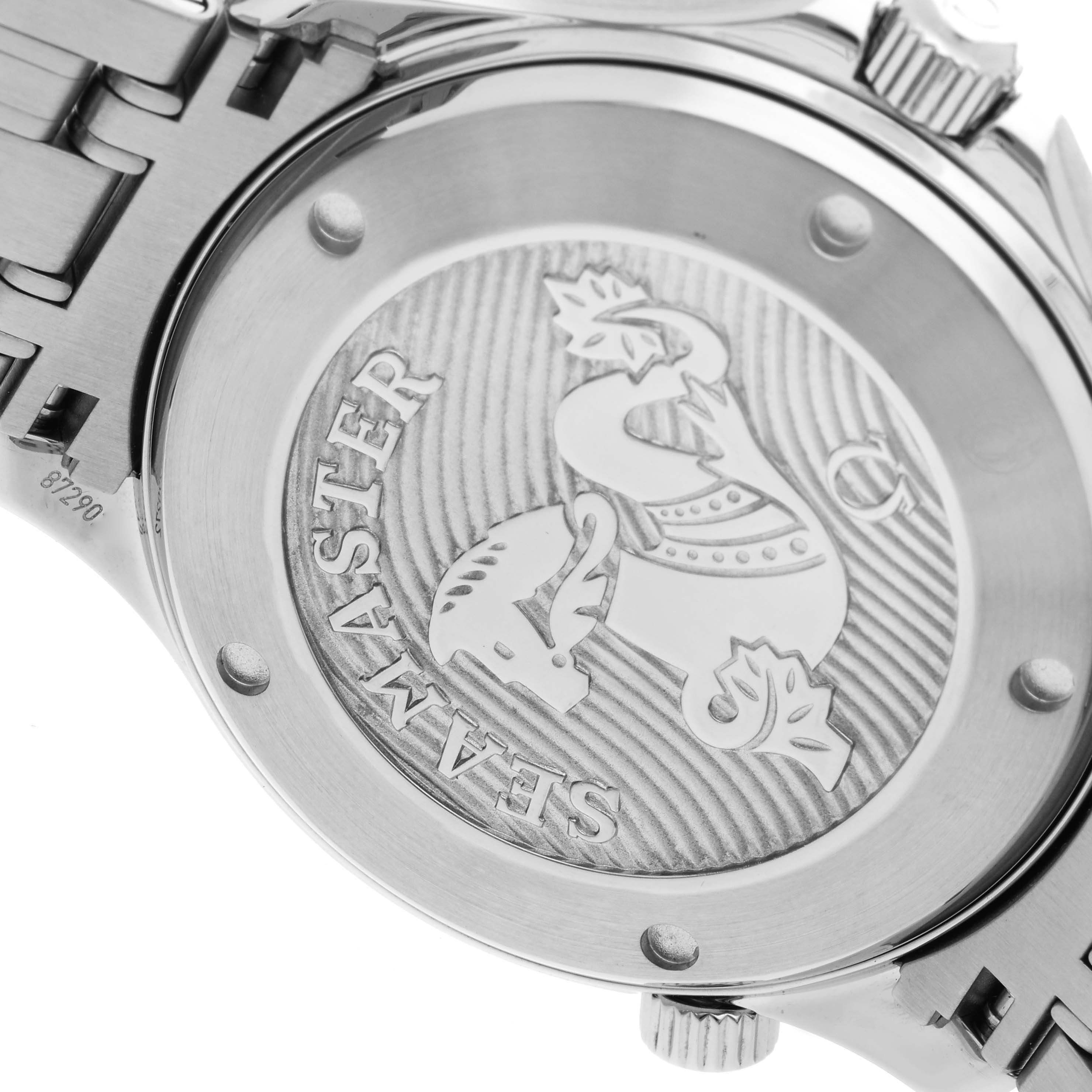 The image shows the case back of the Omega Seamaster 212.30.41.20.01.003 Men
s Stainless Steel Black Dial 212.30.41.20.01.003 Men
s Stainless Steel Black Dial watch, including the bracelet and part of the crown.