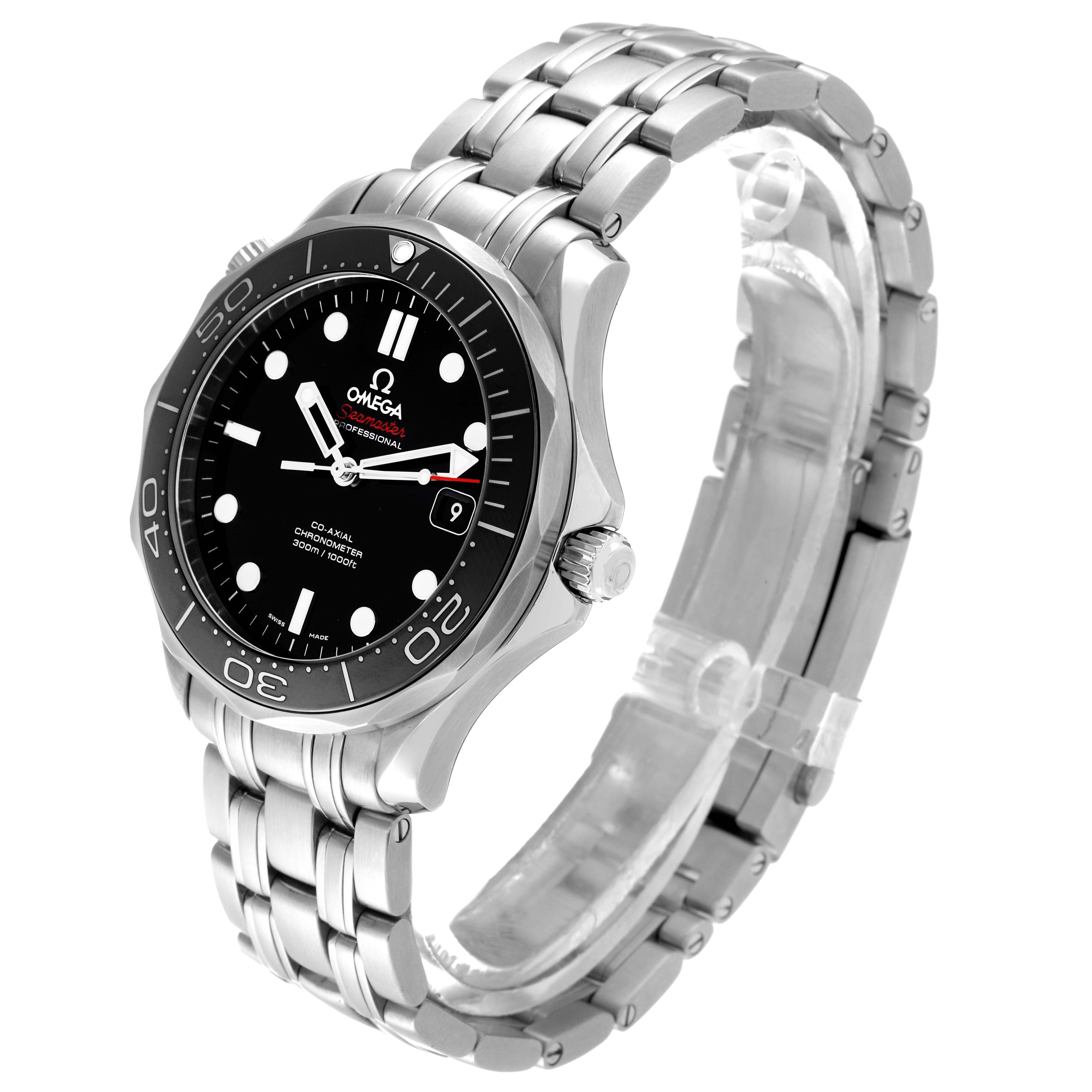 The image shows a side angle of an Omega Seamaster 212.30.41.20.01.003 Men
s Stainless Steel Black Dial 212.30.41.20.01.003 Men
s Stainless Steel Black Dial watch, displaying its face, bezel, bracelet, and crown.