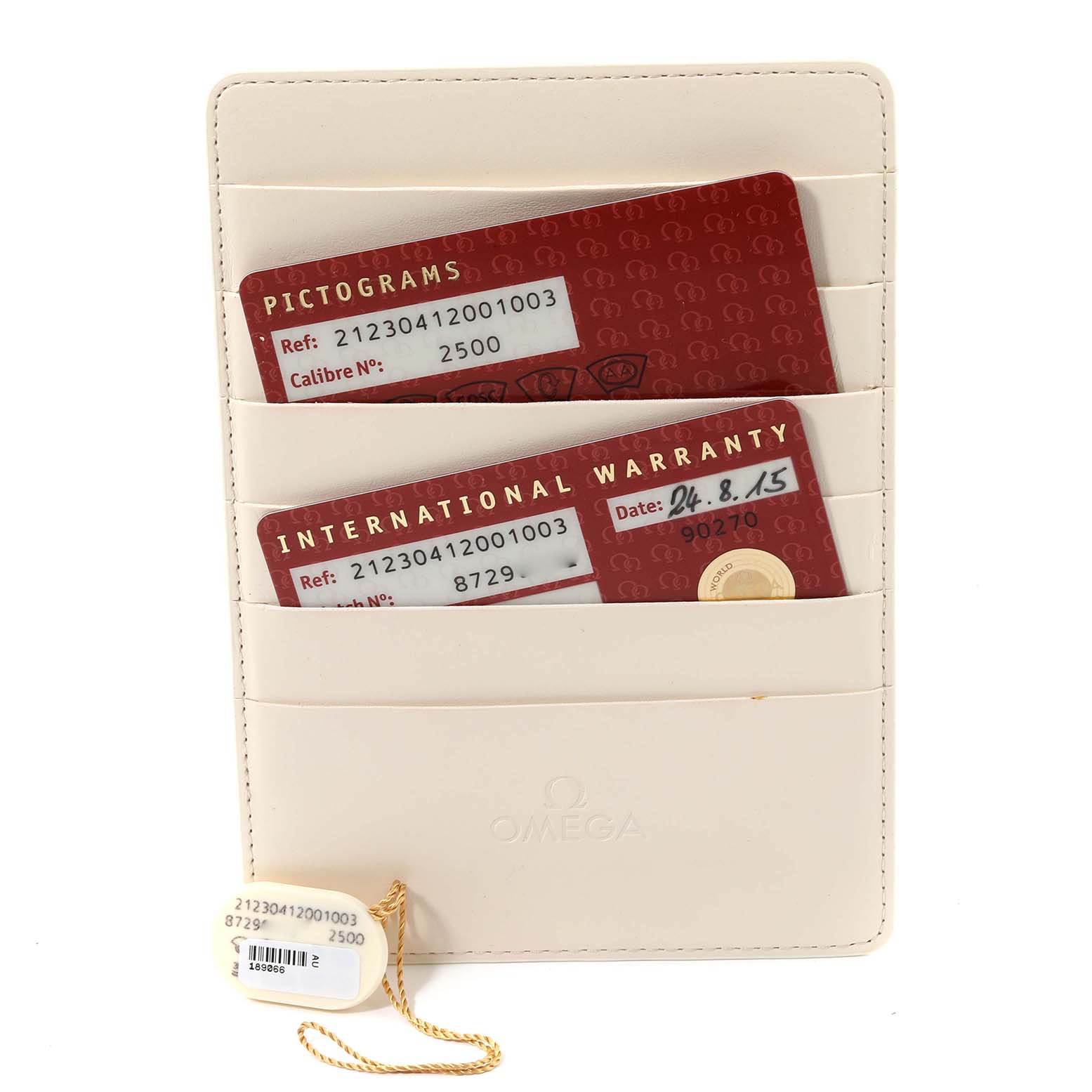 The image shows a front view of Omega Seamaster 212.30.41.20.01.003 Men
s Stainless Steel Black Dial 212.30.41.20.01.003 Men
s Stainless Steel Black Dial model warranty cards and a tag inside a beige cardholder.