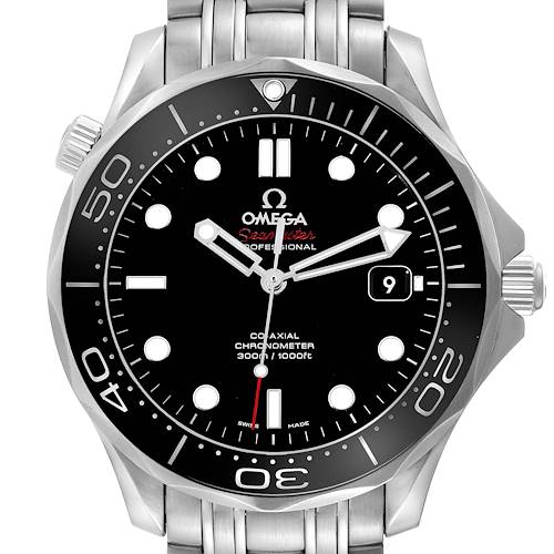 The image shows a front view of an Omega Seamaster watch, displaying the dial, bezel, case, and part of the metal bracelet.