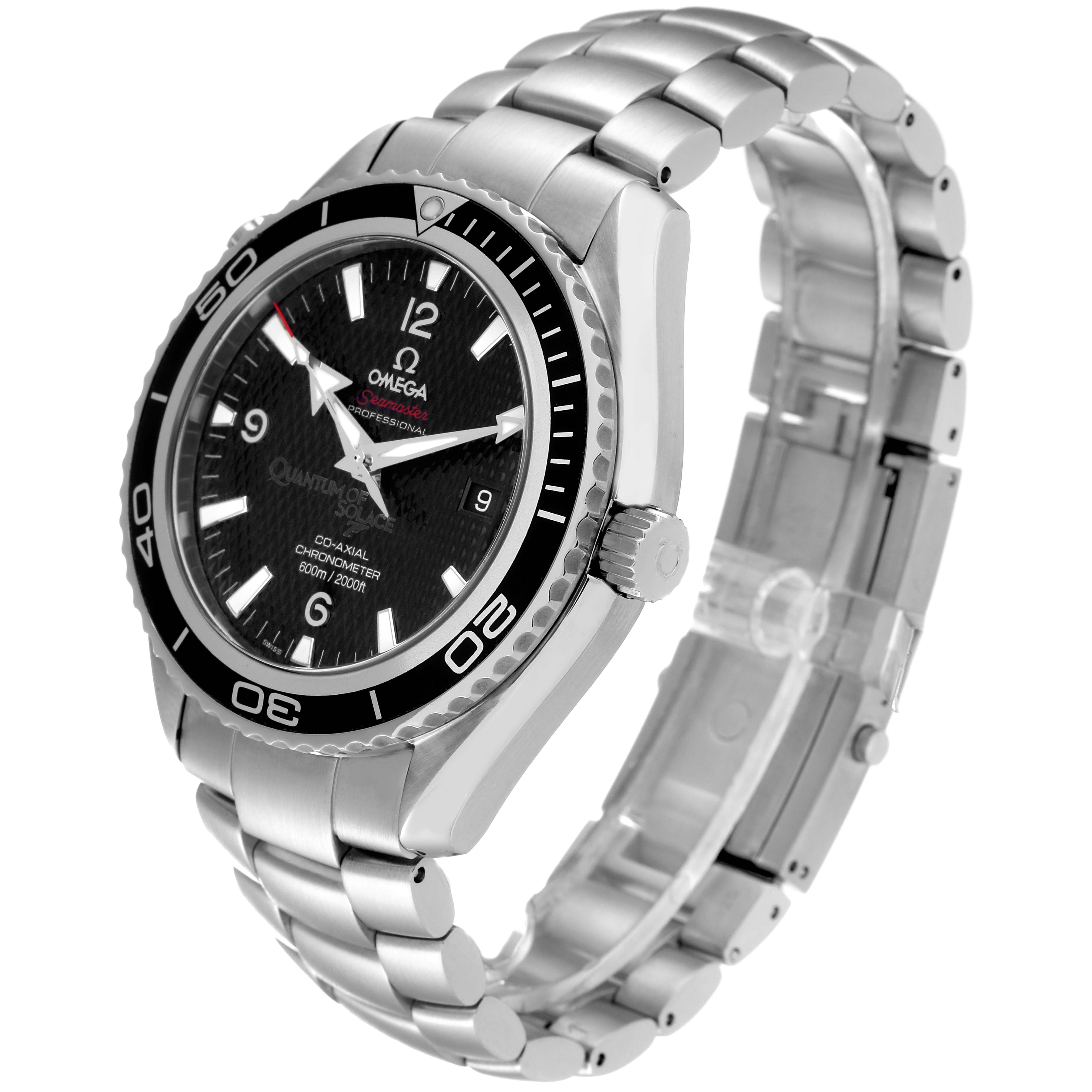 The Omega Planet Ocean 222.30.46.20.01.001 Men's Stainless Steel Black Dial 222.30.46.20.01.001 Men's Stainless Steel Black Dial watch is shown at a three-quarter angle, displaying the watch face, bezel, crown, and metal bracelet.