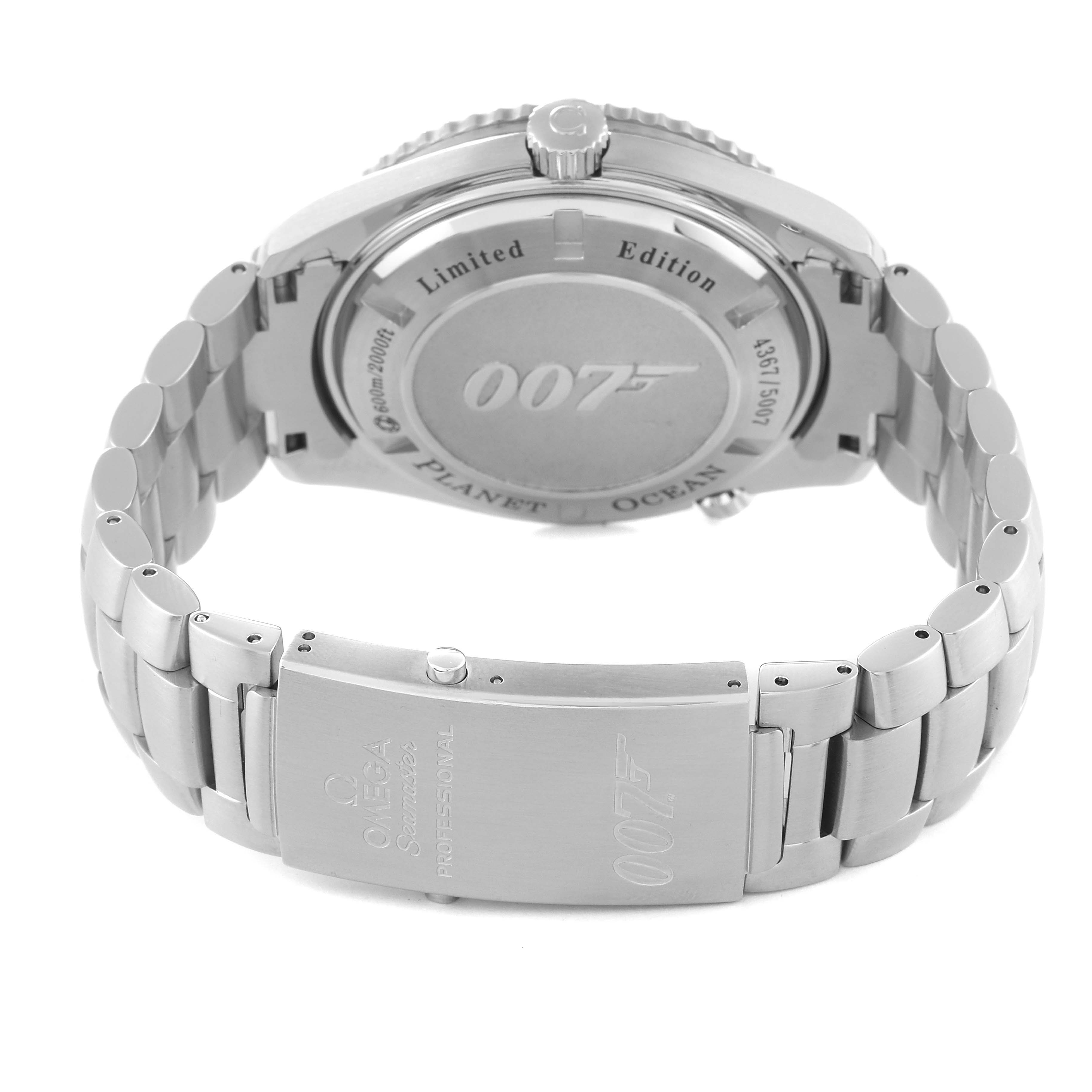 The image shows the back view of an Omega Planet Ocean 222.30.46.20.01.001 Men's Stainless Steel Black Dial 222.30.46.20.01.001 Men's Stainless Steel Black Dial watch, highlighting the case back and the metal bracelet with clasp.