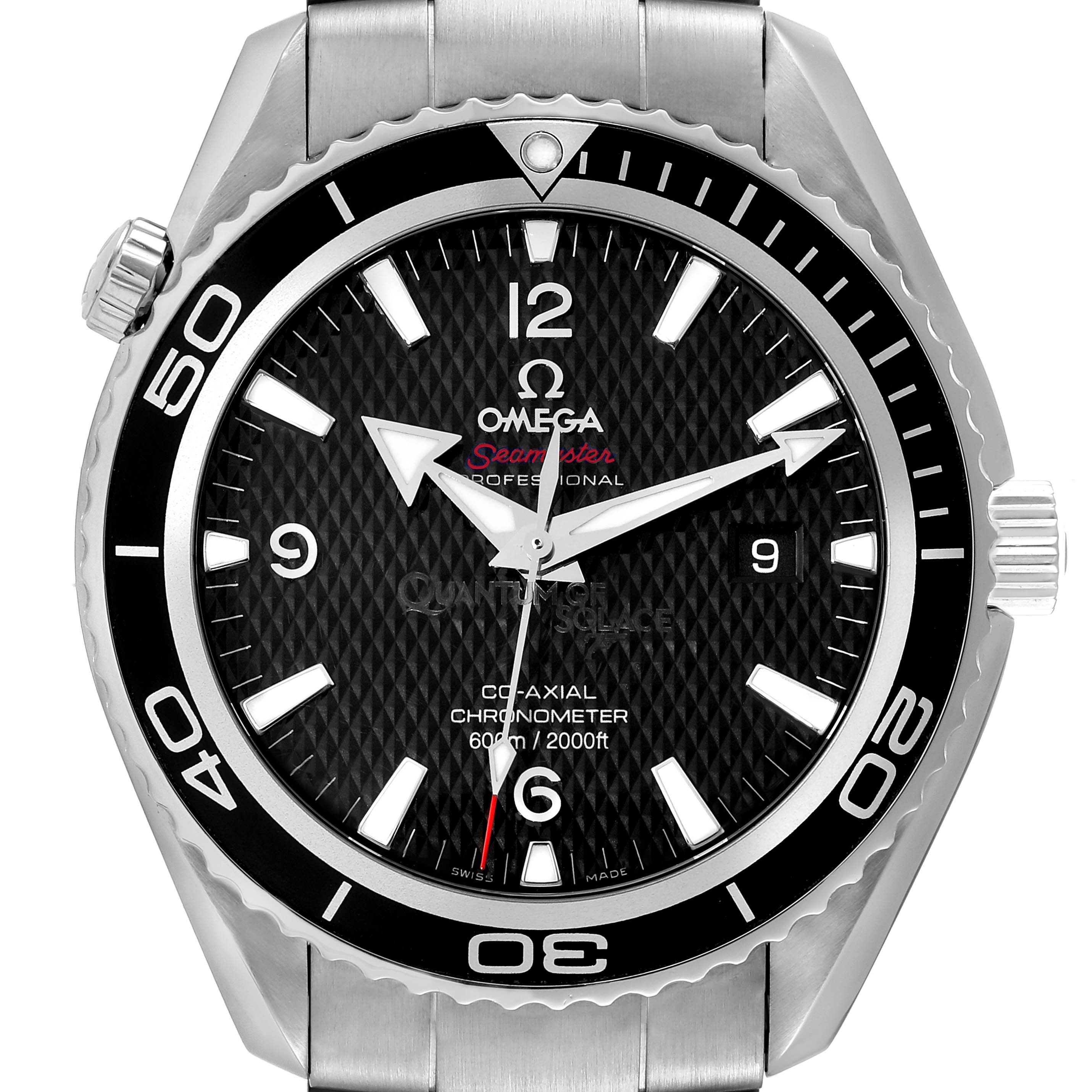 The image shows a front view of the Omega Planet Ocean 222.30.46.20.01.001 Men's Stainless Steel Black Dial 222.30.46.20.01.001 Men's Stainless Steel Black Dial watch, displaying the bezel, dial, hands, and crown.