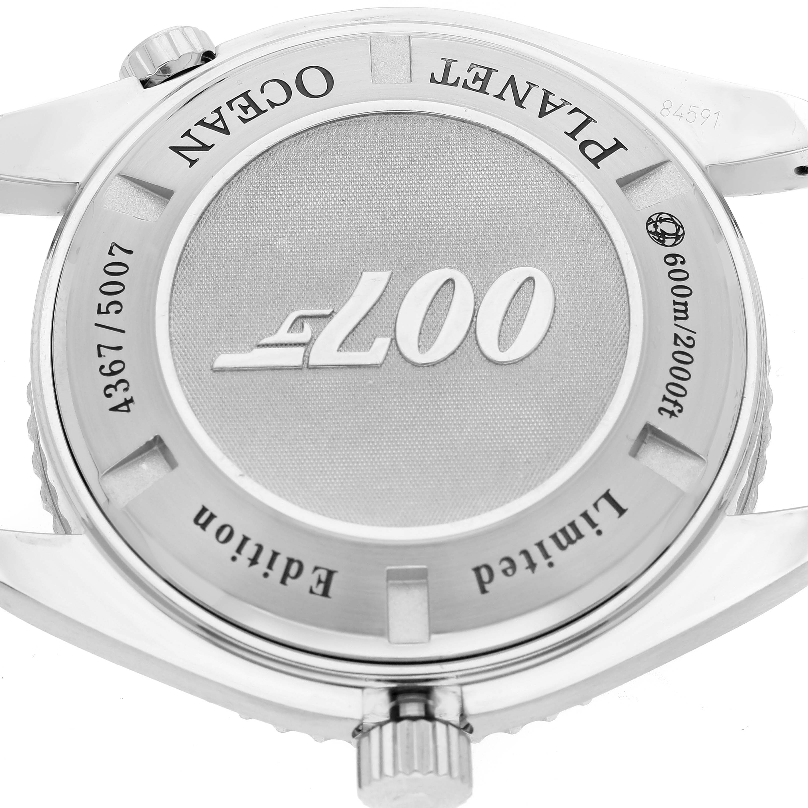 This image shows the back case of an Omega Planet Ocean 222.30.46.20.01.001 Men's Stainless Steel Black Dial 222.30.46.20.01.001 Men's Stainless Steel Black Dial watch, highlighting the "007" logo and limited edition engraving.