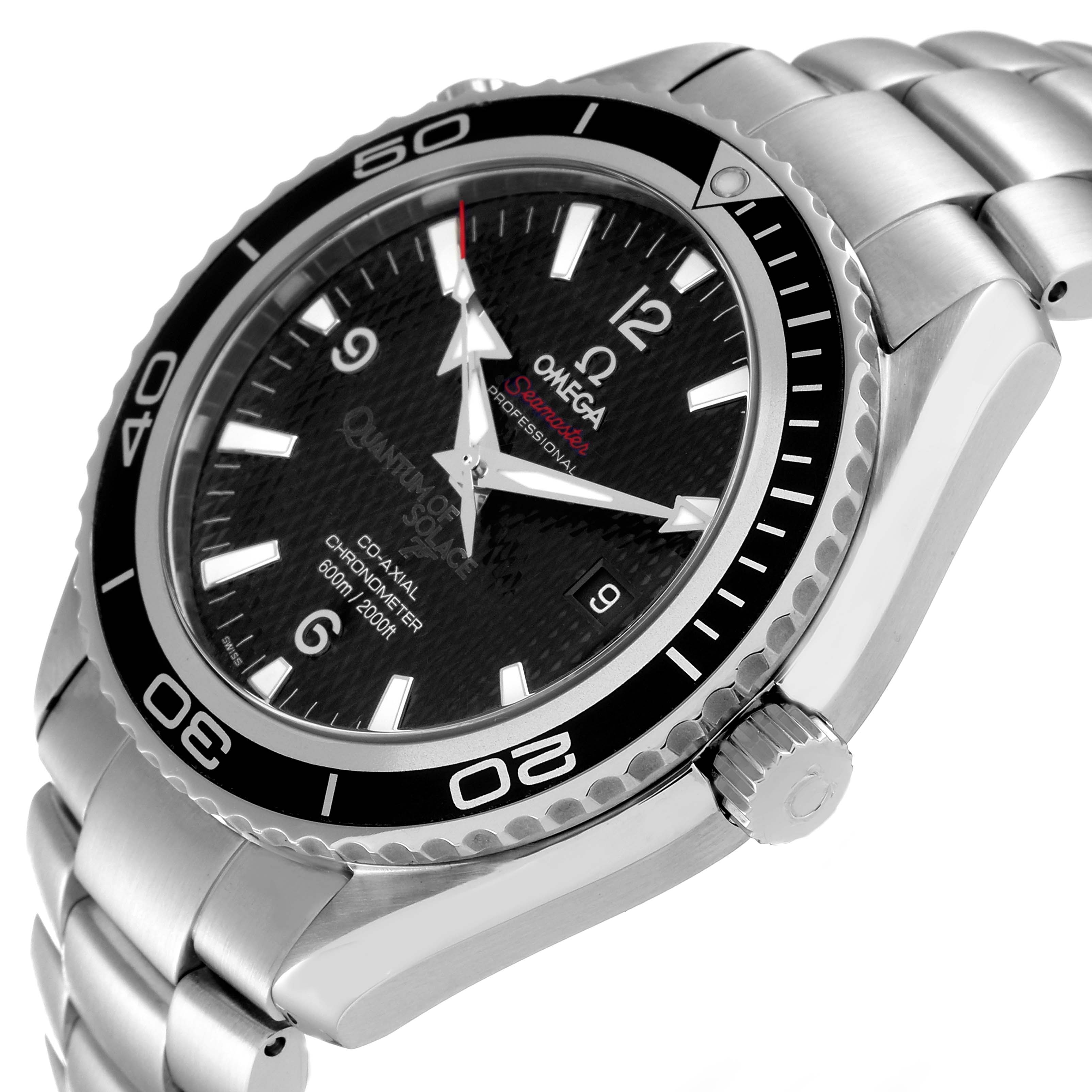 The Omega Planet Ocean 222.30.46.20.01.001 Men's Stainless Steel Black Dial 222.30.46.20.01.001 Men's Stainless Steel Black Dial watch is shown at an angle revealing the face, bezel, case, and part of the bracelet.