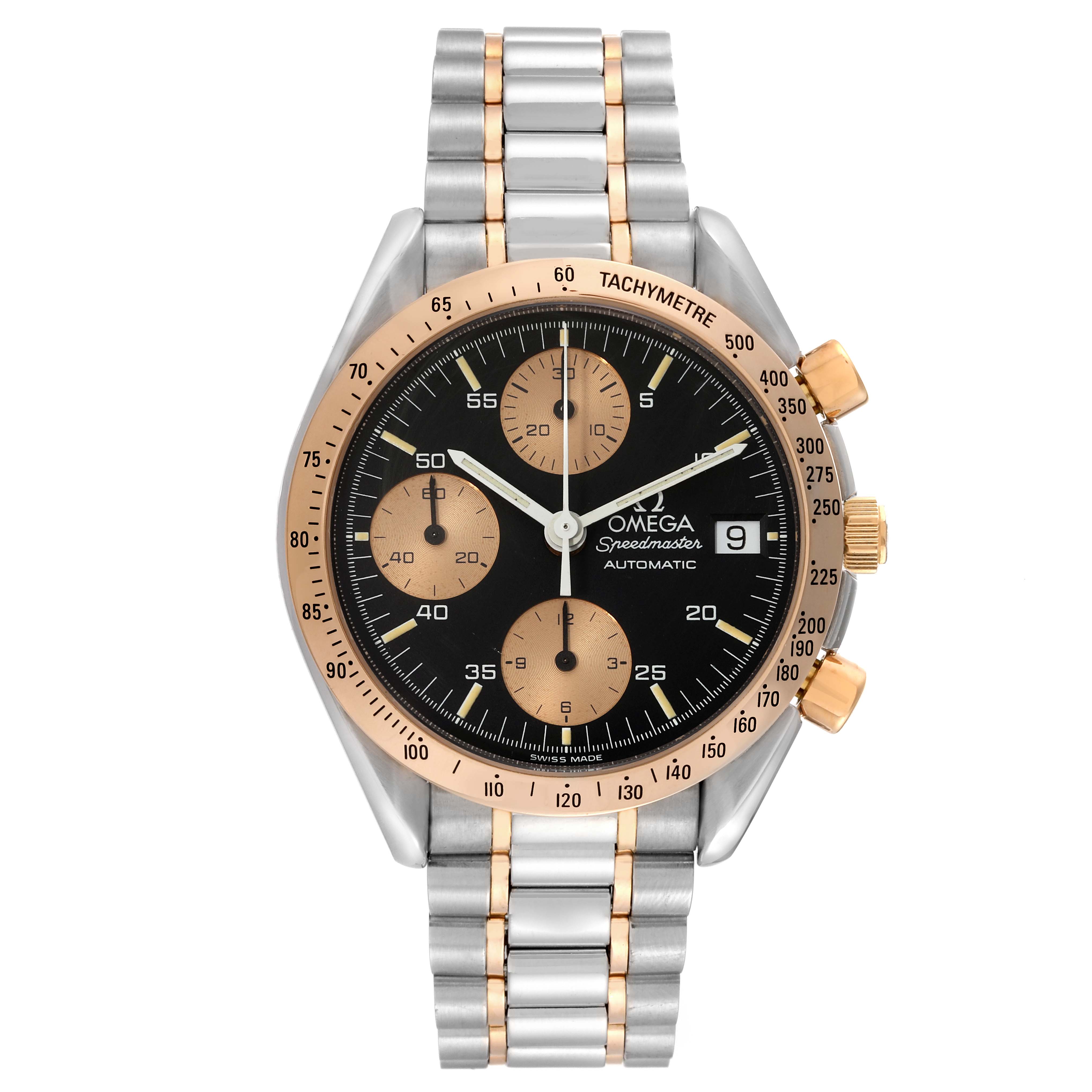 This image shows a front view of an Omega Speedmaster 3316.50 Men's Steel and Gold (two tone) Black Dial 3316.50 Men's Steel and Gold (two tone) Black Dial watch with a two-tone bracelet and gold accents on the bezel and pushers.