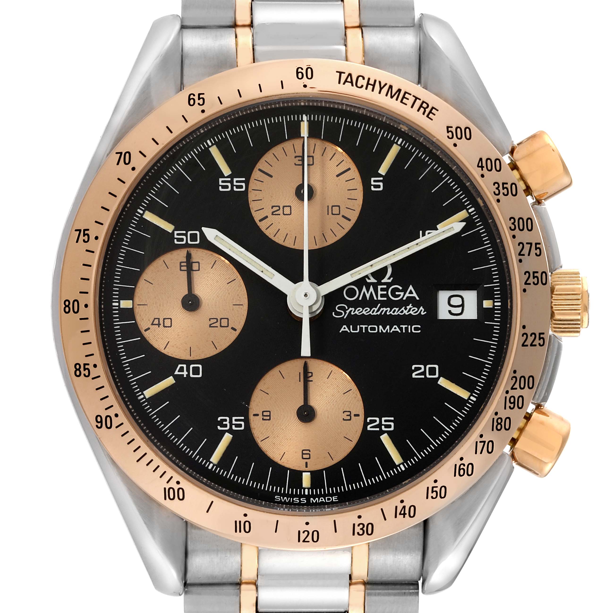 The image shows a front view of the Omega Speedmaster 3316.50 Men's Steel and Gold (two tone) Black Dial 3316.50 Men's Steel and Gold (two tone) Black Dial watch, highlighting the dial, subdials, tachymeter, and crown.