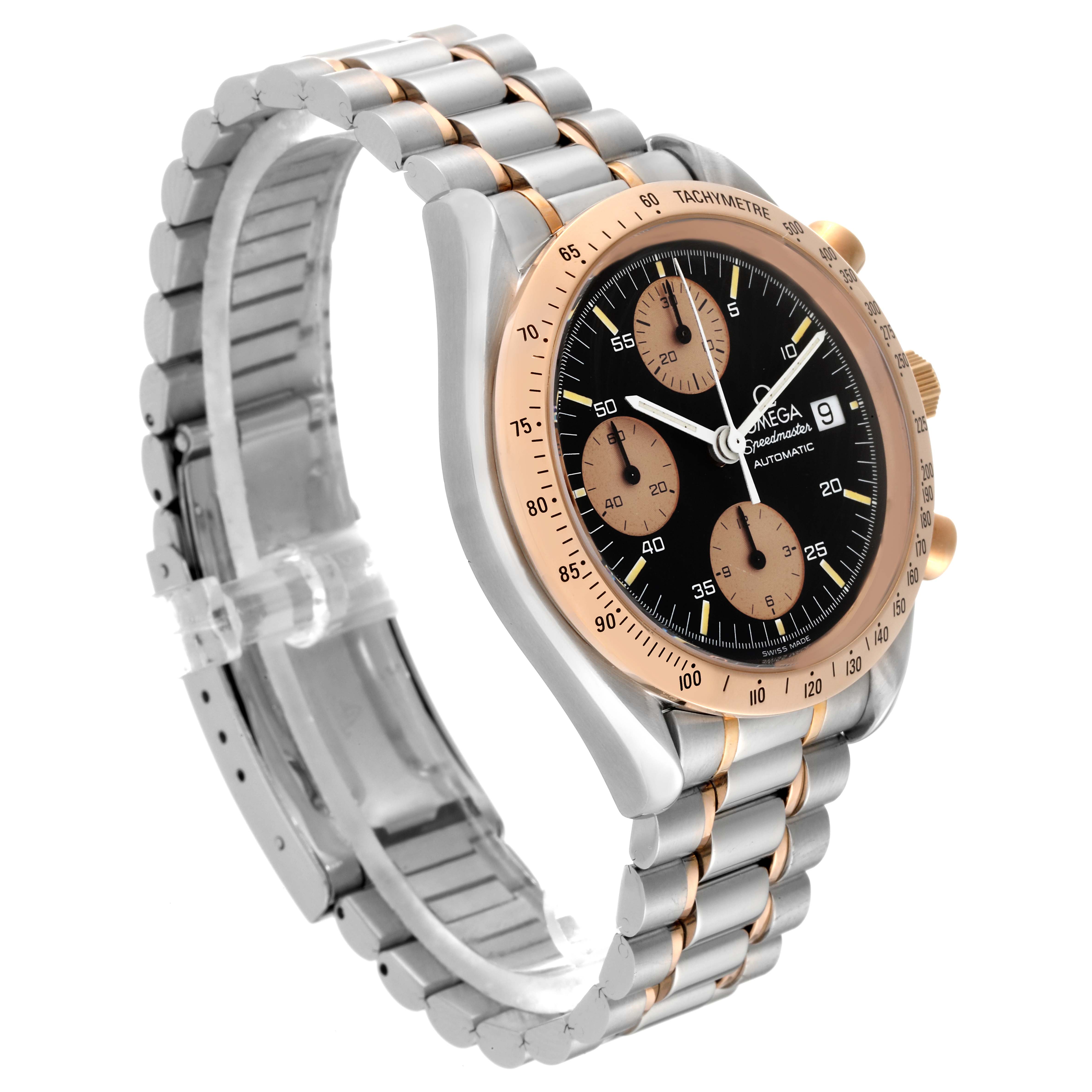 This Omega Speedmaster 3316.50 Men's Steel and Gold (two tone) Black Dial 3316.50 Men's Steel and Gold (two tone) Black Dial watch is shown at a three-quarter angle, displaying its dial, bezel, crown, and metal bracelet.