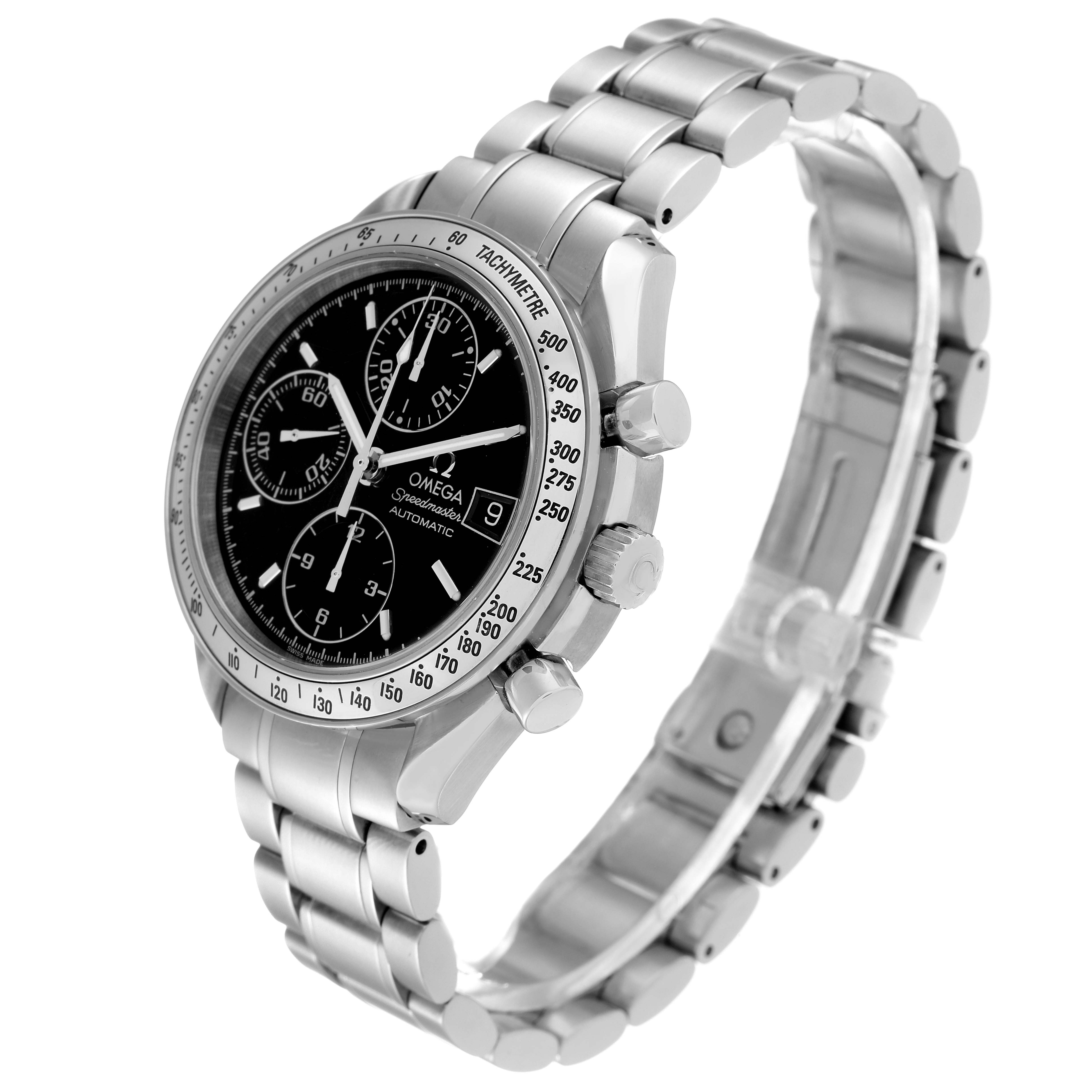 This is a side and front-angle view of an Omega Speedmaster 3513.50.00 Men
s Stainless Steel Black Dial 3513.50.00 Men
s Stainless Steel Black Dial watch, showing the dial, bezel, crown, and bracelet.