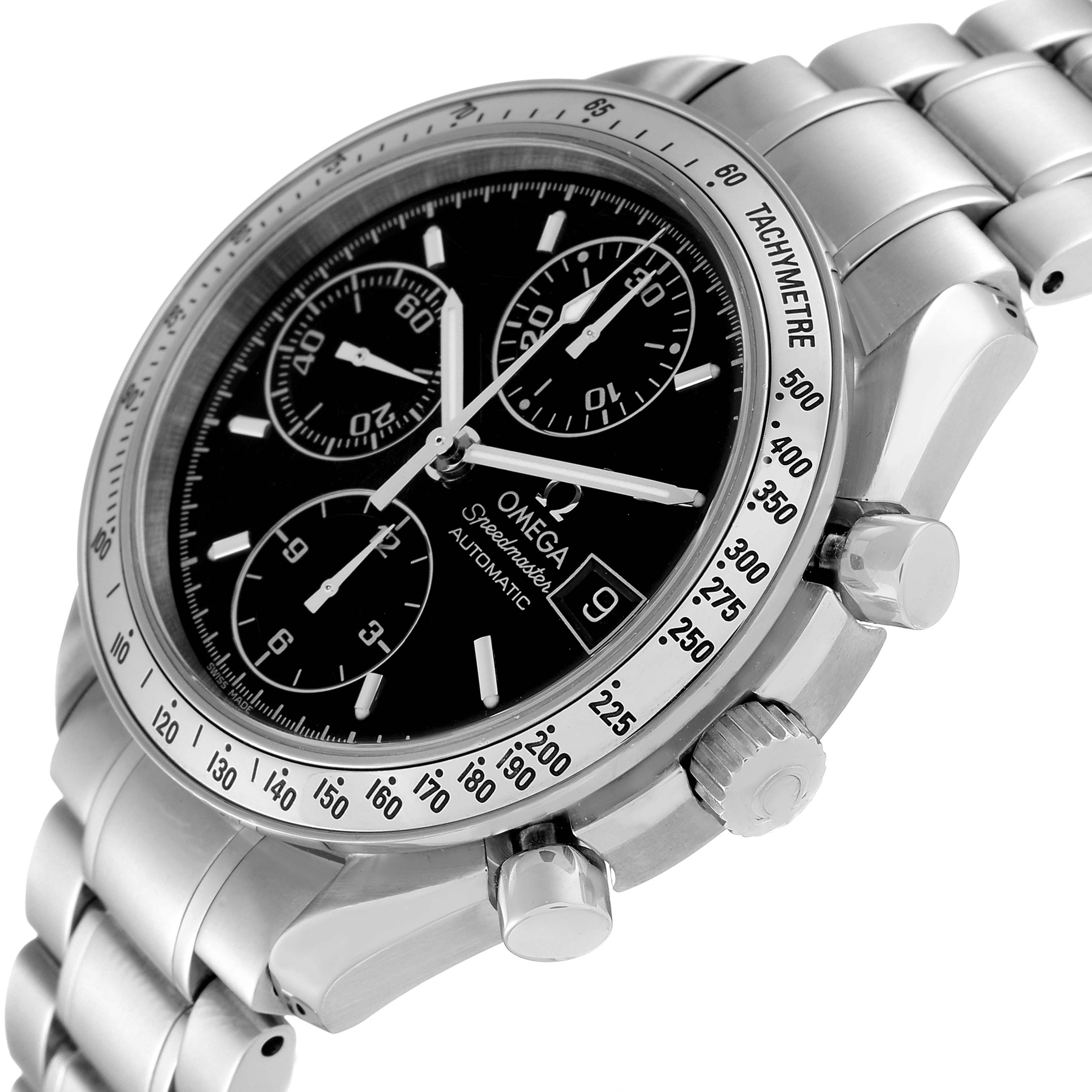The image shows a close-up angle of the Omega Speedmaster 3513.50.00 Men
s Stainless Steel Black Dial 3513.50.00 Men
s Stainless Steel Black Dial watch, highlighting its dial, tachymeter bezel, and metallic bracelet.