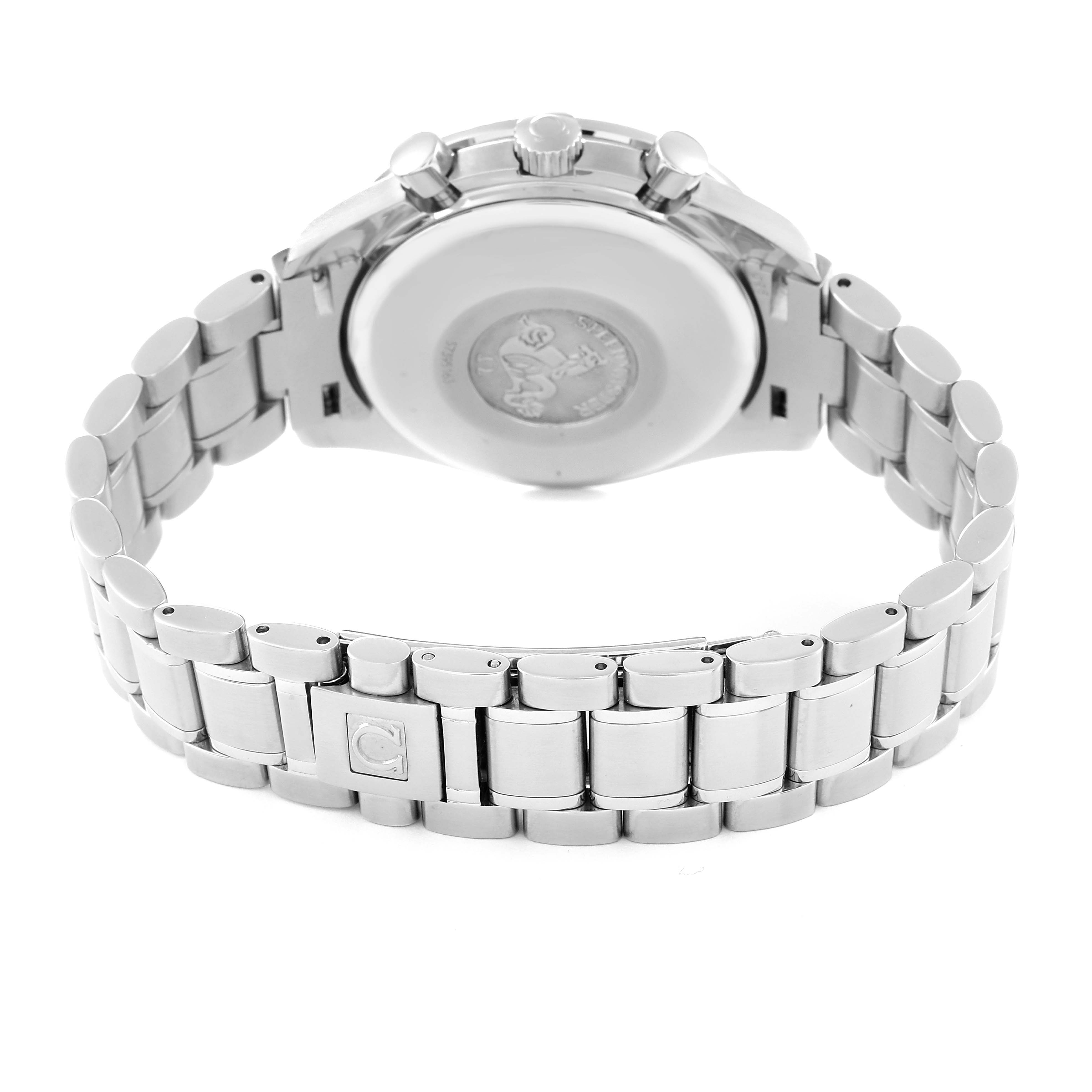 This image shows the back case and metal bracelet of an Omega Speedmaster 3513.50.00 Men
s Stainless Steel Black Dial 3513.50.00 Men
s Stainless Steel Black Dial watch, viewed from behind.