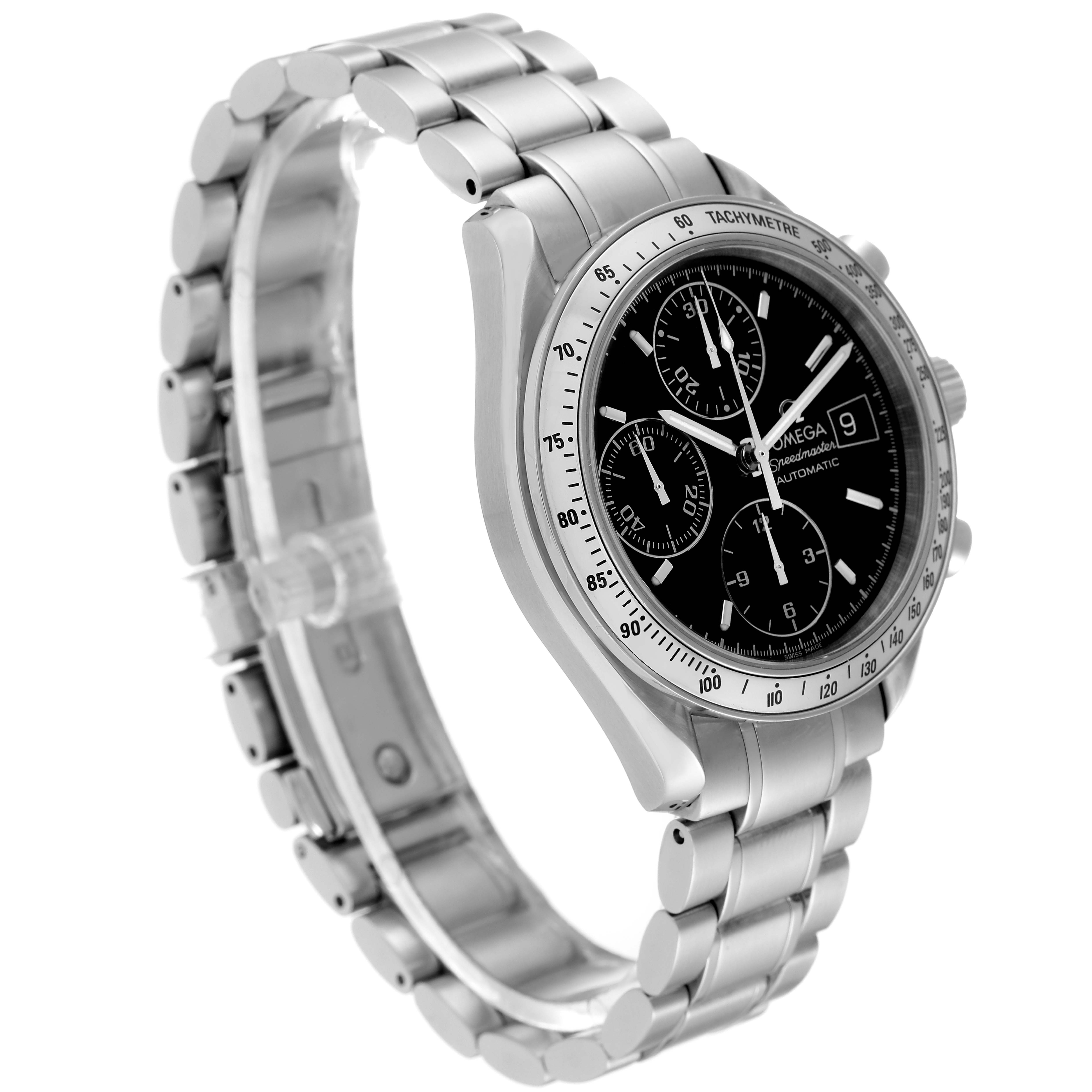 This image shows an angled side view of the Omega Speedmaster 3513.50.00 Men
s Stainless Steel Black Dial 3513.50.00 Men
s Stainless Steel Black Dial watch, highlighting its metal strap and black dial with a tachymeter bezel.