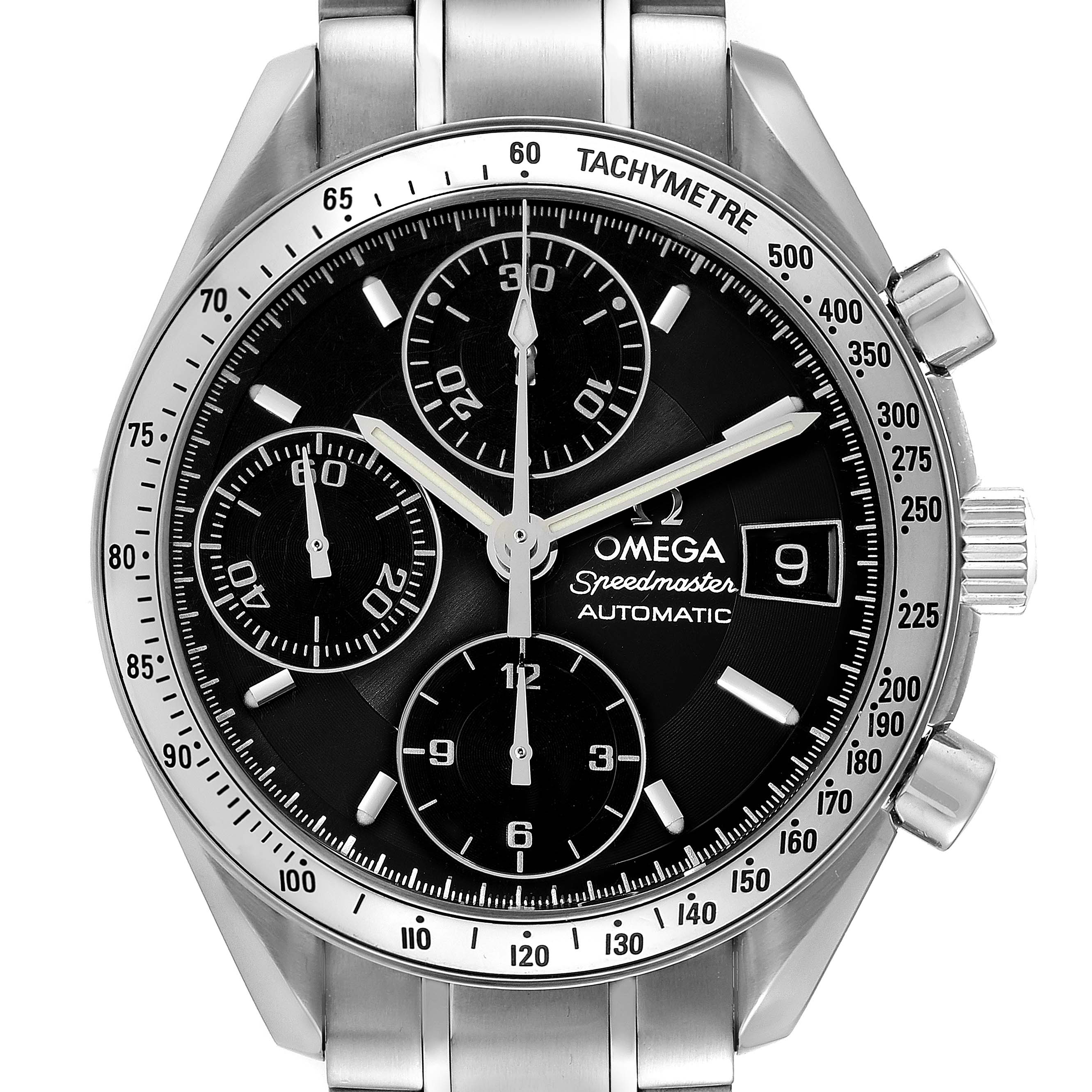 The image shows a front view of an Omega Speedmaster 3513.50.00 Men
s Stainless Steel Black Dial 3513.50.00 Men
s Stainless Steel Black Dial watch, highlighting its dial, subdials, tachymeter bezel, and date window.