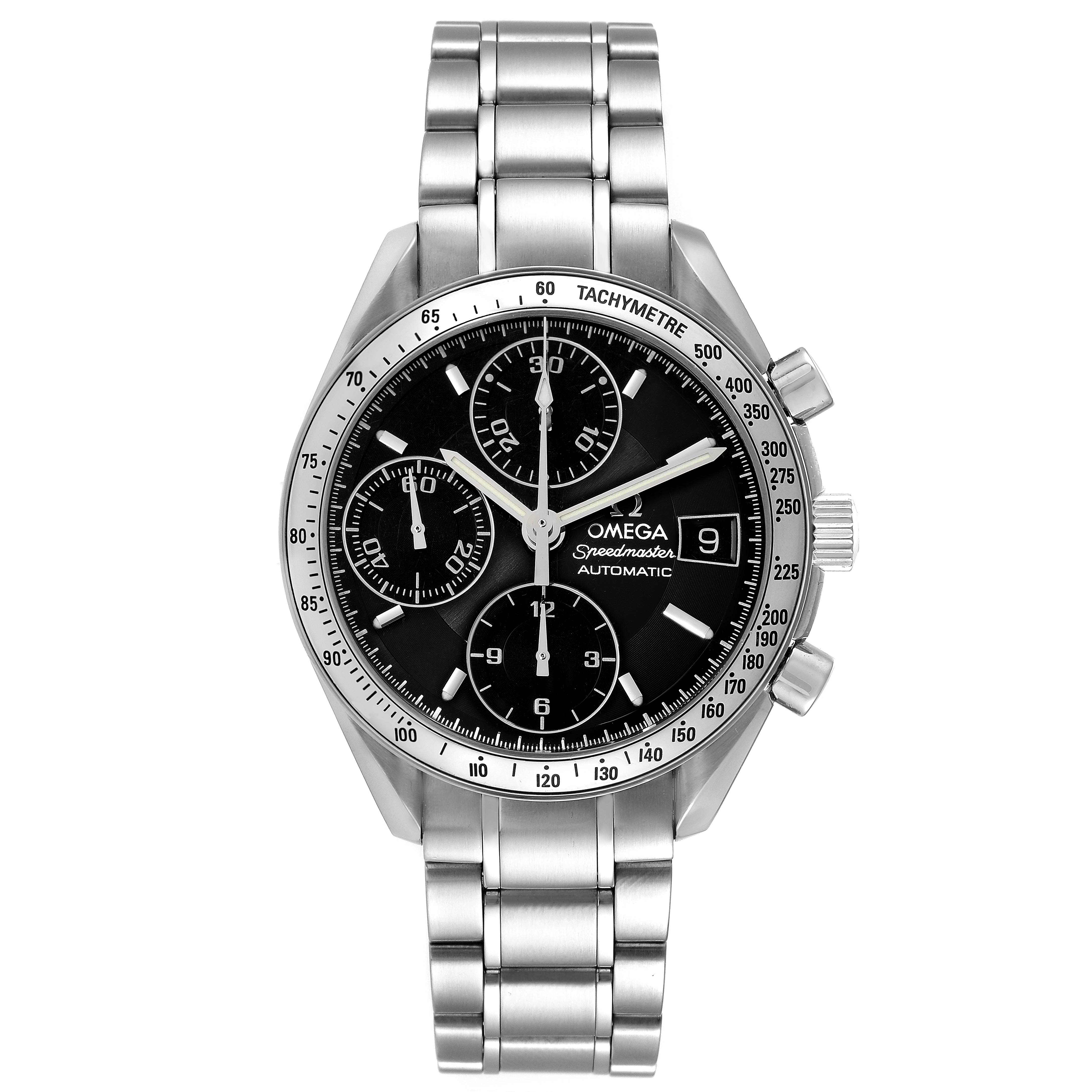 The Omega Speedmaster 3513.50.00 Men
s Stainless Steel Black Dial 3513.50.00 Men
s Stainless Steel Black Dial watch is shown from a front angle, displaying its face, bezel, sub-dials, date window, and stainless steel bracelet.