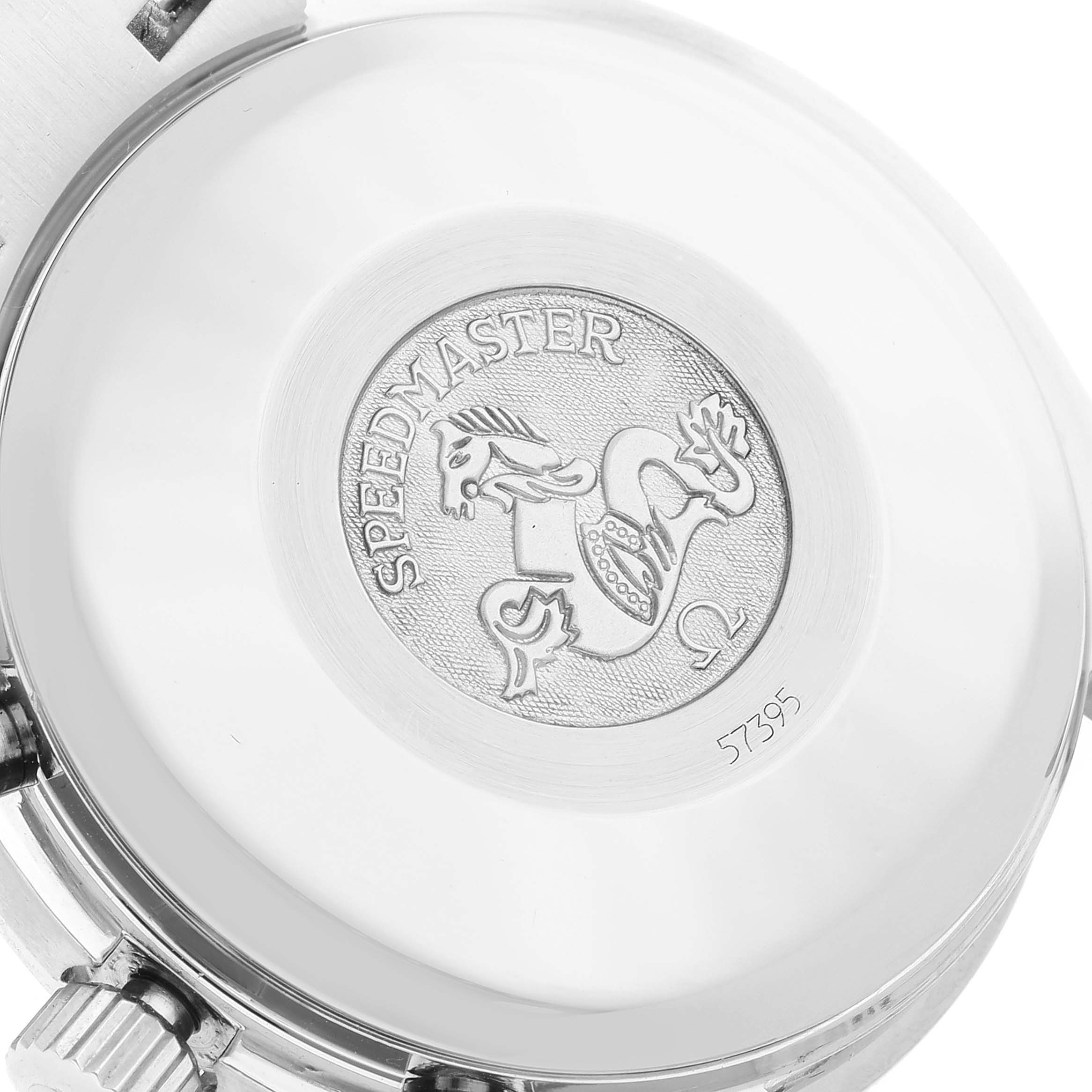 This image shows the case back of an Omega Speedmaster 3513.50.00 Men
s Stainless Steel Black Dial 3513.50.00 Men
s Stainless Steel Black Dial watch, featuring the Speedmaster emblem and some engraved numbers.