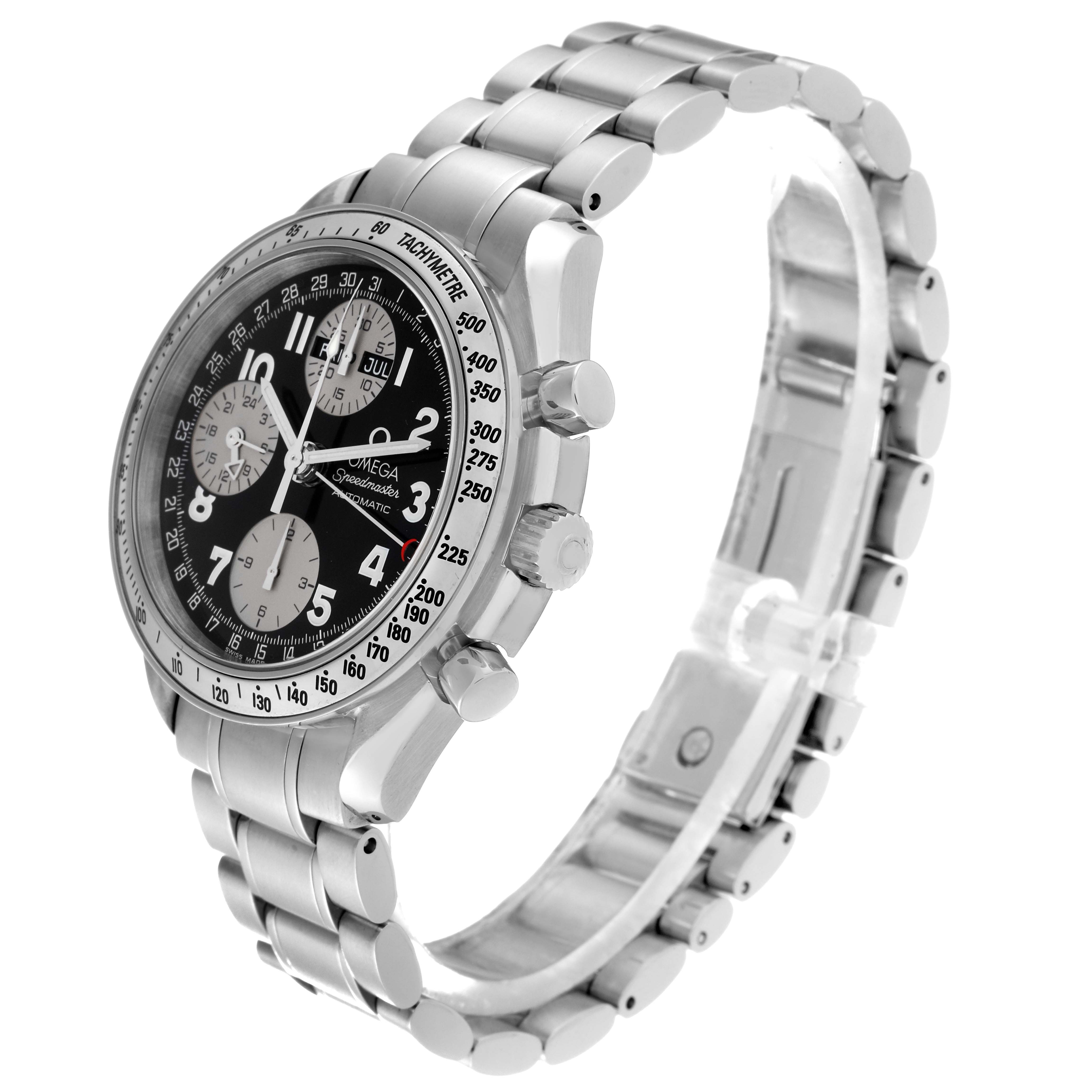 This image shows an Omega Speedmaster 3523.51.00 Men
s Stainless Steel Black Dial 3523.51.00 Men
s Stainless Steel Black Dial watch at an angle that highlights the bracelet, case, and dial face.