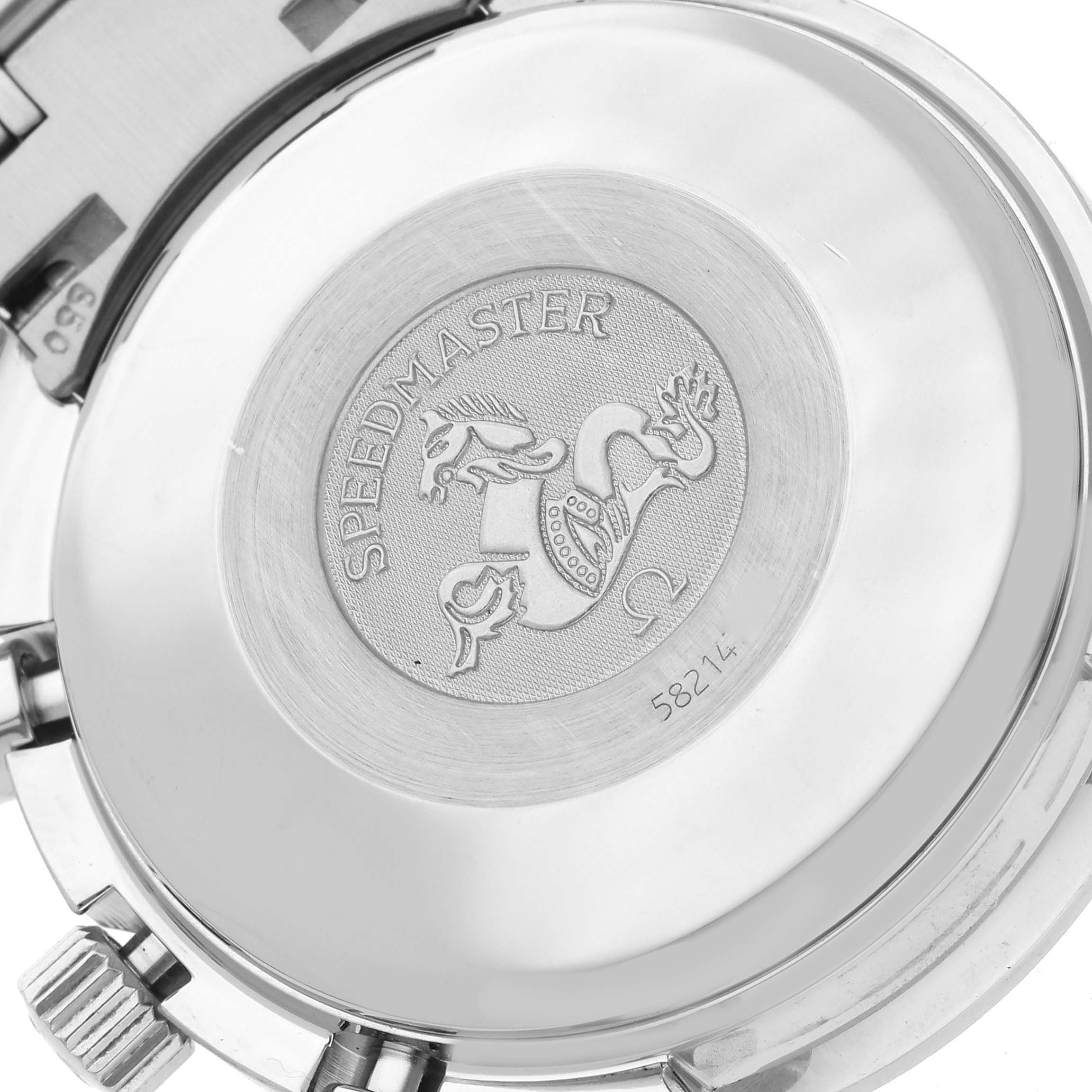 The image shows the back of an Omega Speedmaster 3523.51.00 Men
s Stainless Steel Black Dial 3523.51.00 Men
s Stainless Steel Black Dial watch, highlighting the engraved case back with the Speedmaster logo and serial number.