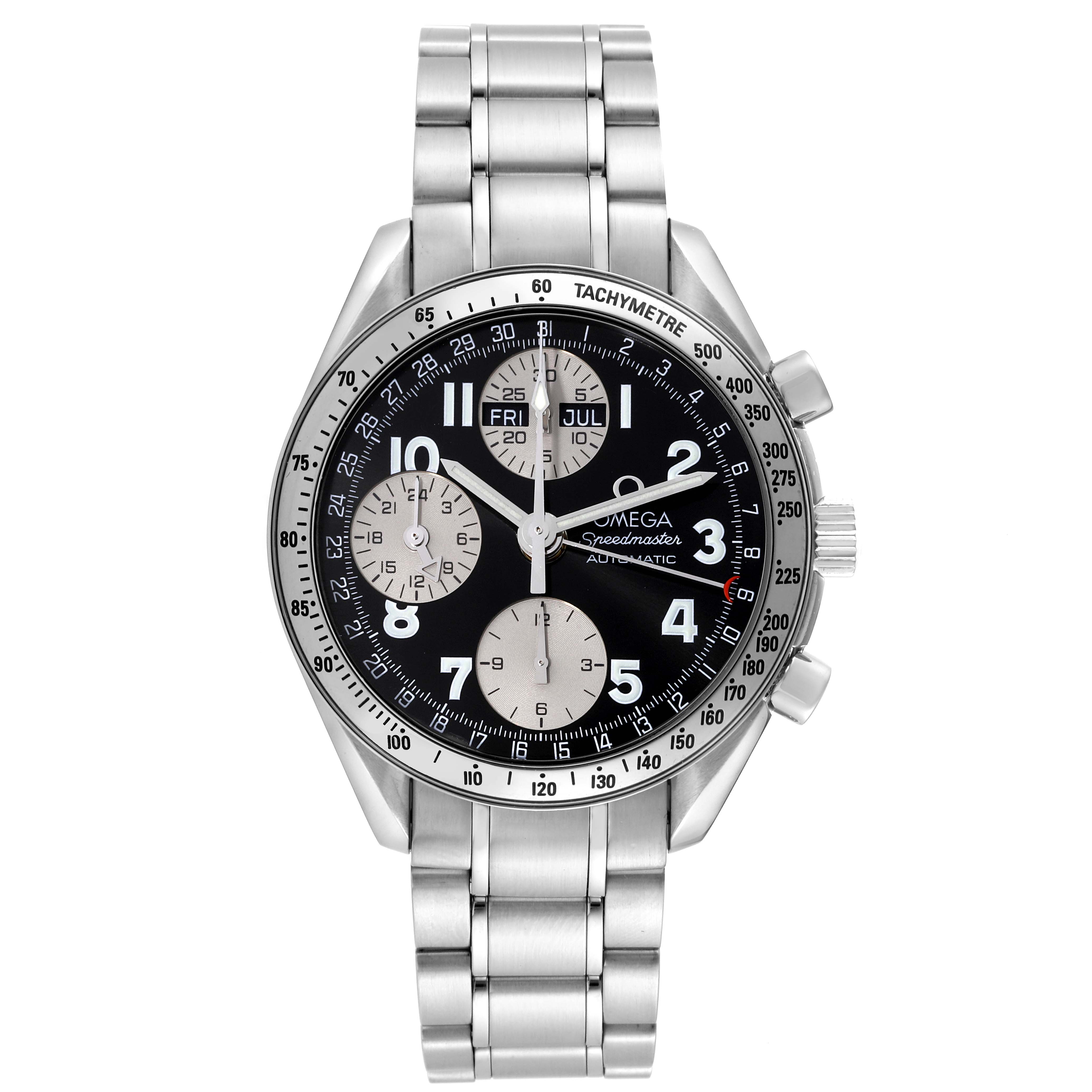 This image shows a front view of the Omega Speedmaster 3523.51.00 Men
s Stainless Steel Black Dial 3523.51.00 Men
s Stainless Steel Black Dial watch, displaying its dial, three subdials, bezel, and metal bracelet.