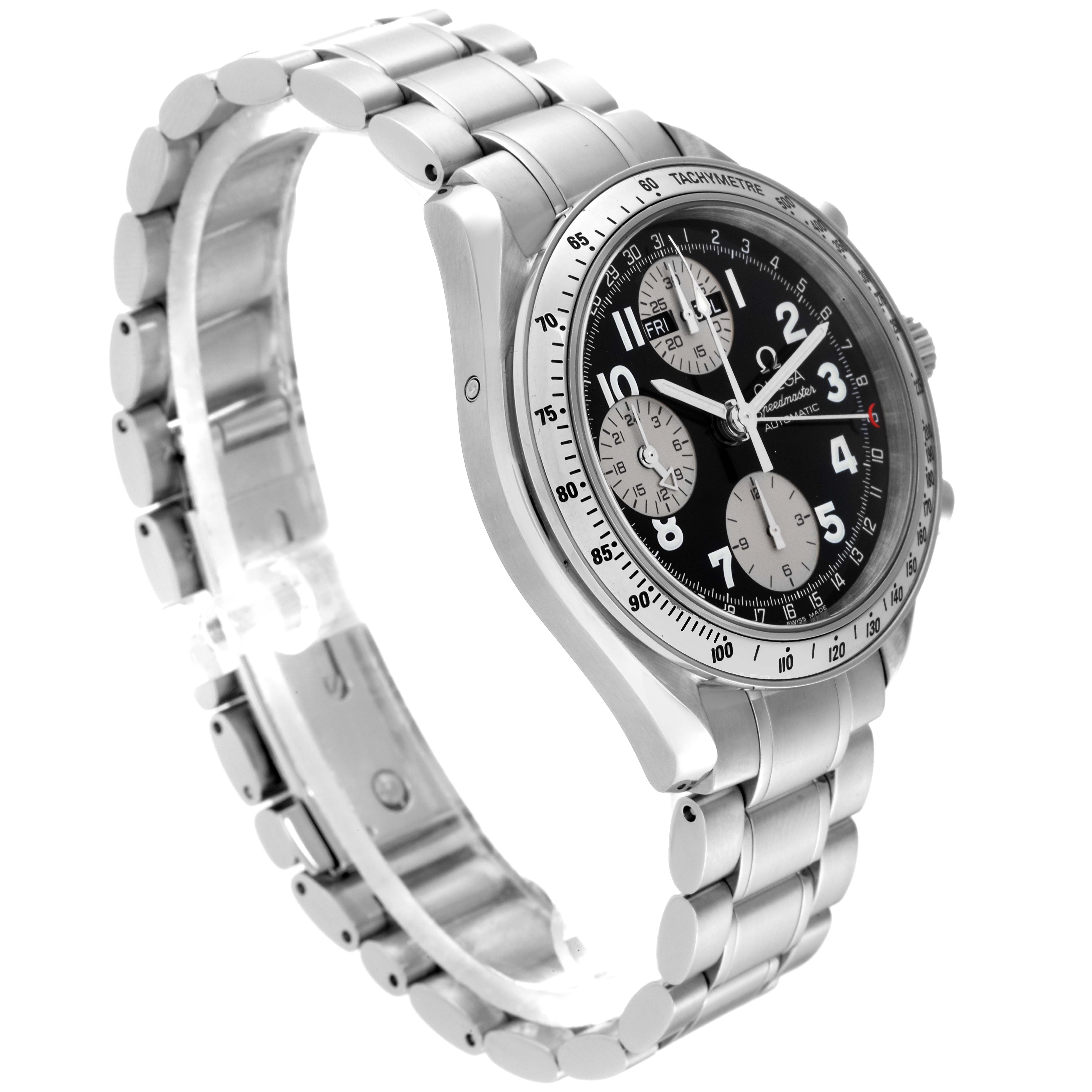 The Omega Speedmaster 3523.51.00 Men
s Stainless Steel Black Dial 3523.51.00 Men
s Stainless Steel Black Dial watch is shown at a three-quarter angle, highlighting its face, bracelet, and case.