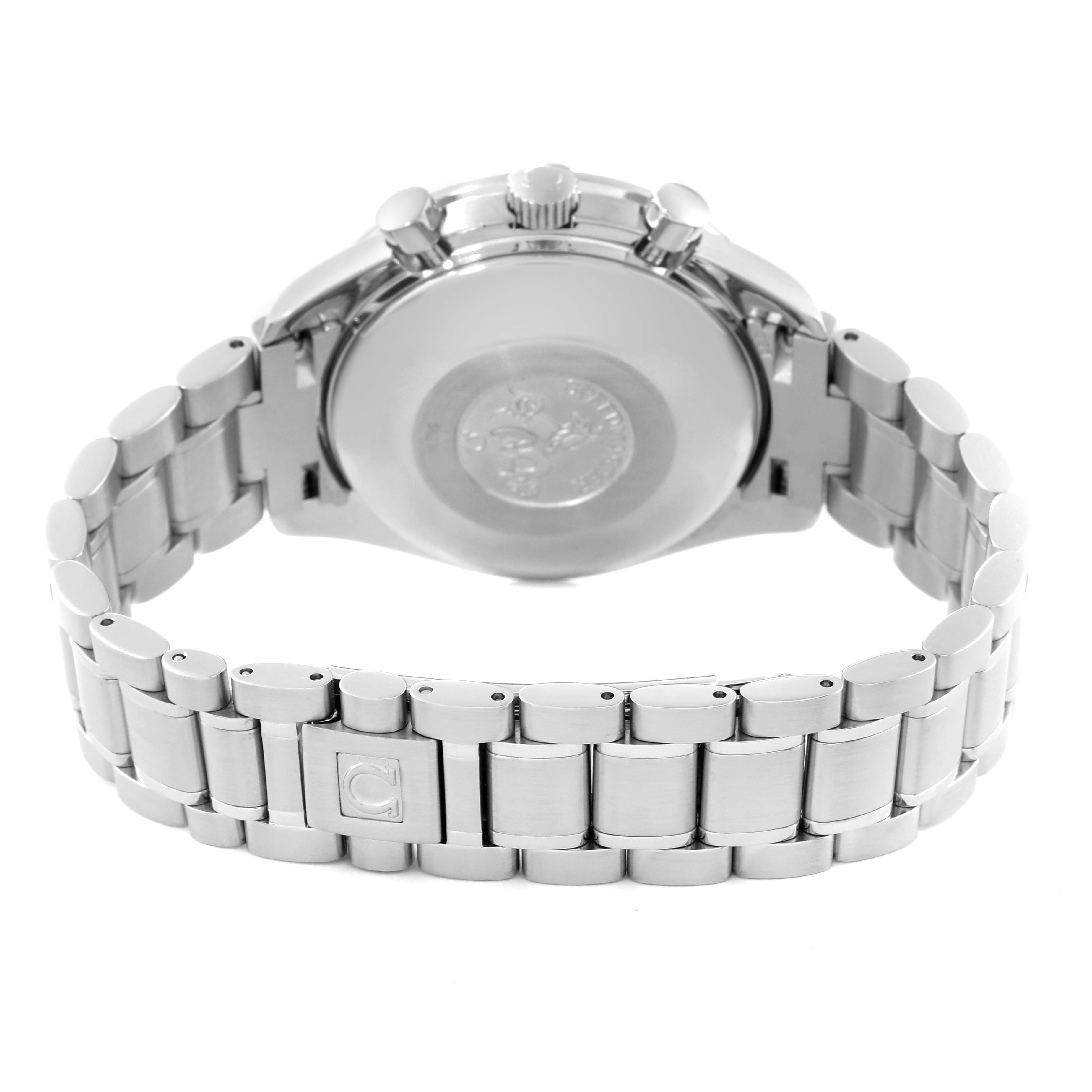 This Omega Speedmaster 3523.51.00 Men
s Stainless Steel Black Dial 3523.51.00 Men
s Stainless Steel Black Dial watch is shown from the back, highlighting its case back, crown, pushers, and metal bracelet.