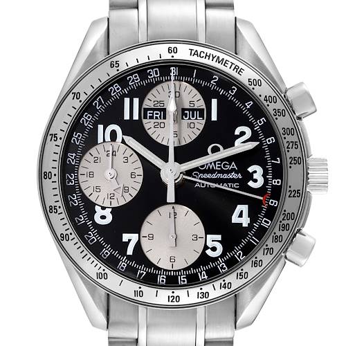 The Omega Speedmaster watch is shown from a front angle, displaying its black dial, sub-dials, tachymeter bezel, and stainless steel bracelet.