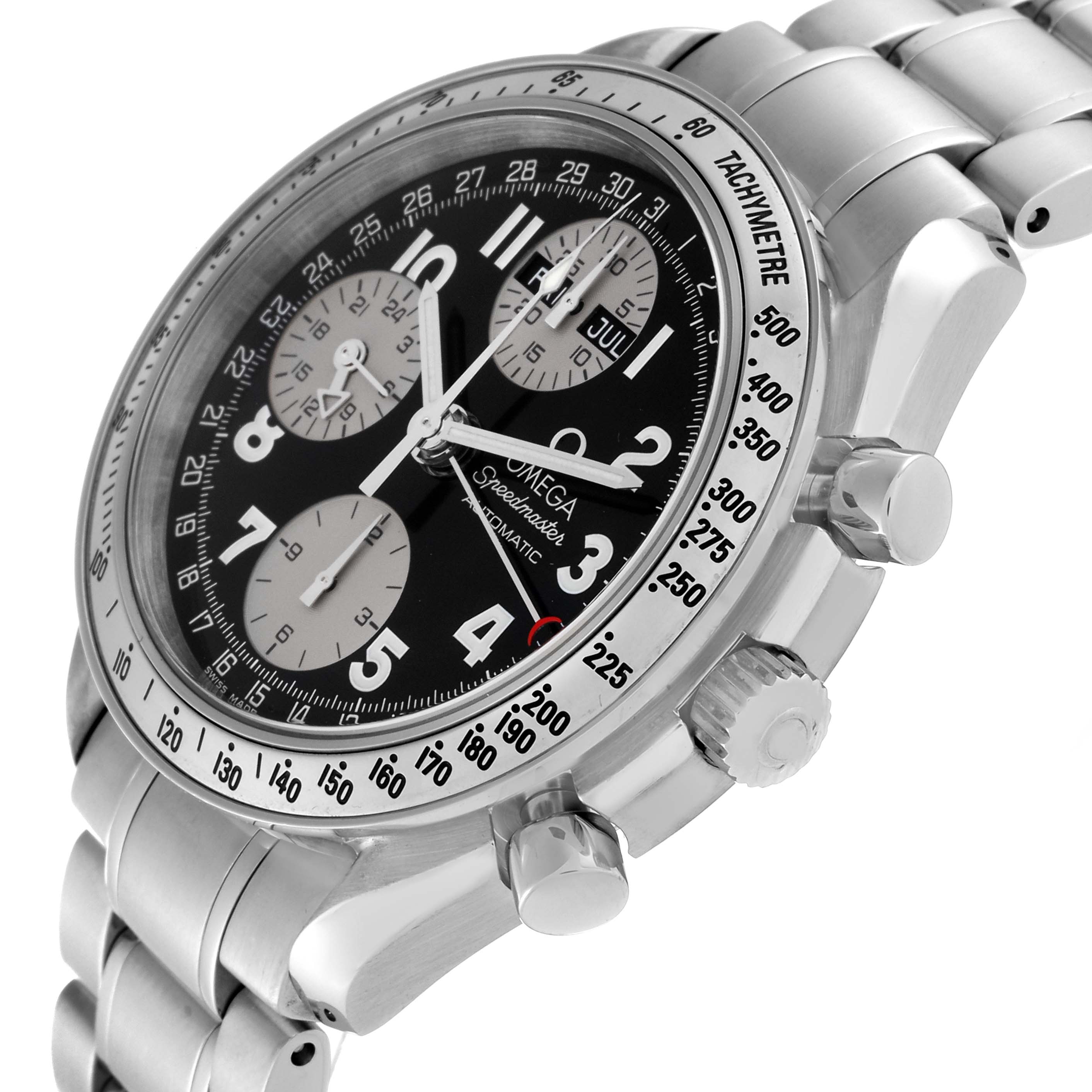 The image shows an angled view of the Omega Speedmaster 3523.51.00 Men
s Stainless Steel Black Dial 3523.51.00 Men
s Stainless Steel Black Dial watch, highlighting the dial, bezel, crown, and bracelet.