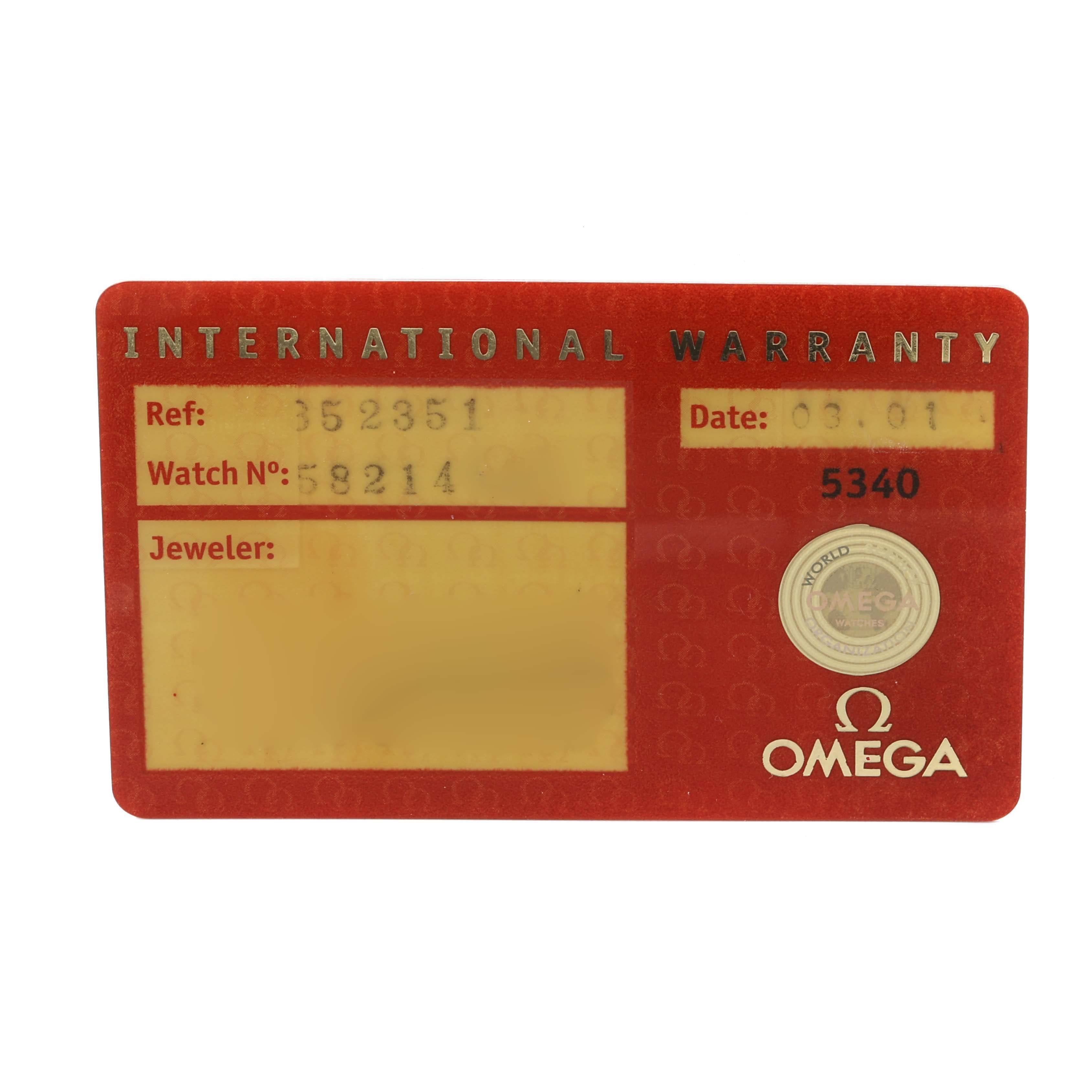 This is a red International Warranty card for the Omega Speedmaster 3523.51.00 Men
s Stainless Steel Black Dial 3523.51.00 Men
s Stainless Steel Black Dial model, showing reference number, watch number, date, and space for jeweler details.
